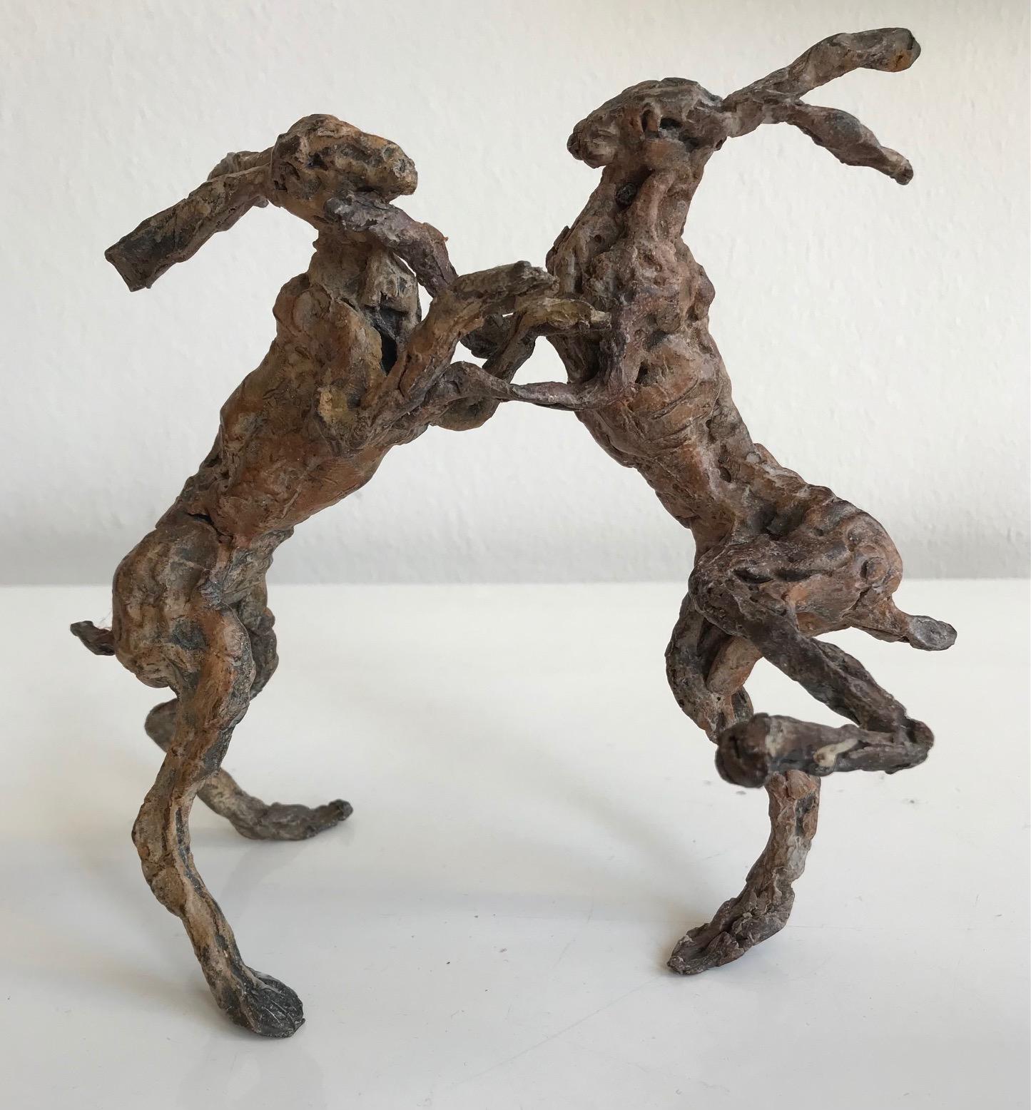 ''Jousting Hares'', Contemporary Bronze Sculpture Portrait of Hares Fighting For Sale 1