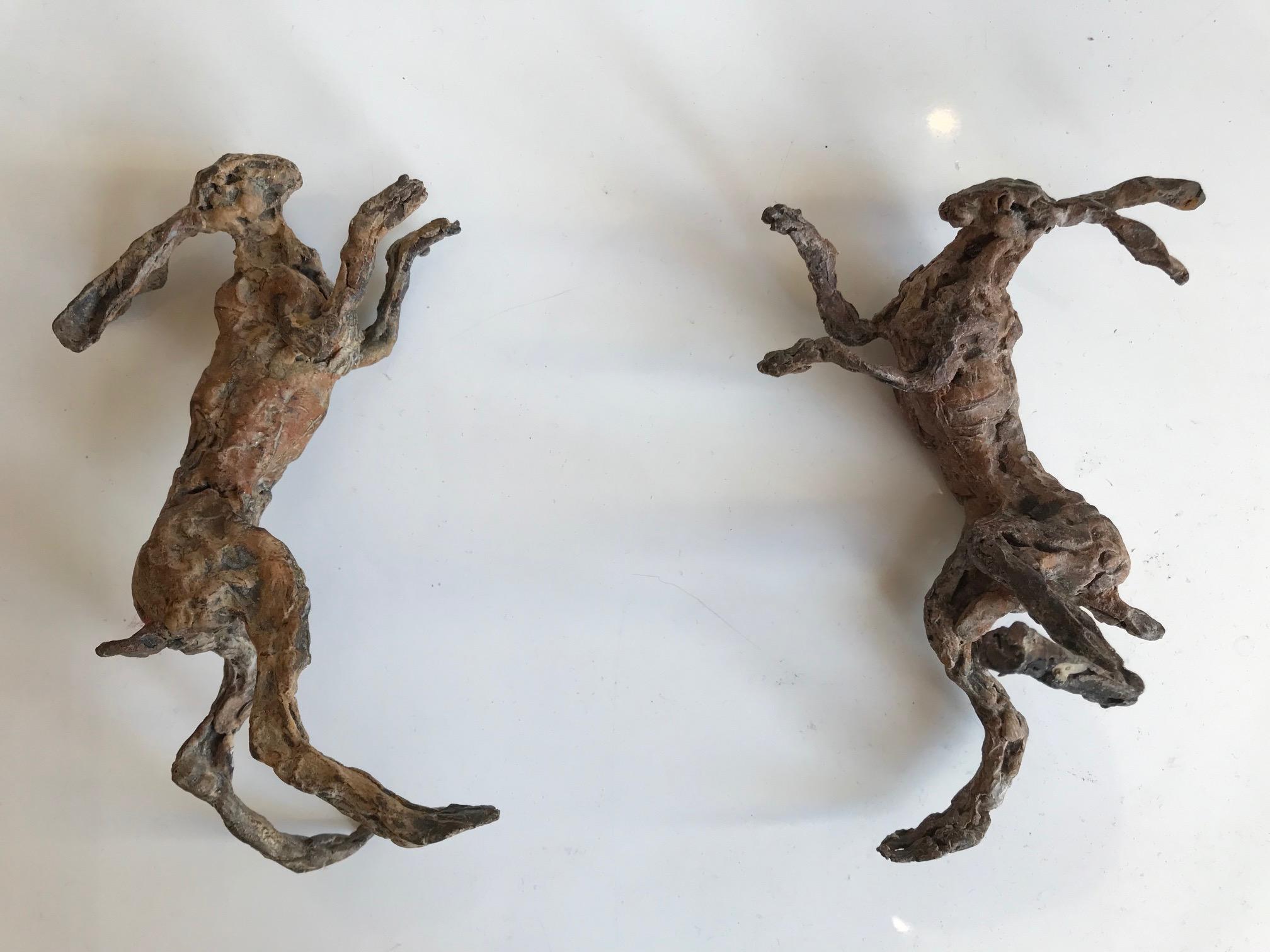 ''Jousting Hares'', Contemporary Bronze Sculpture Portrait of Hares Fighting For Sale 2