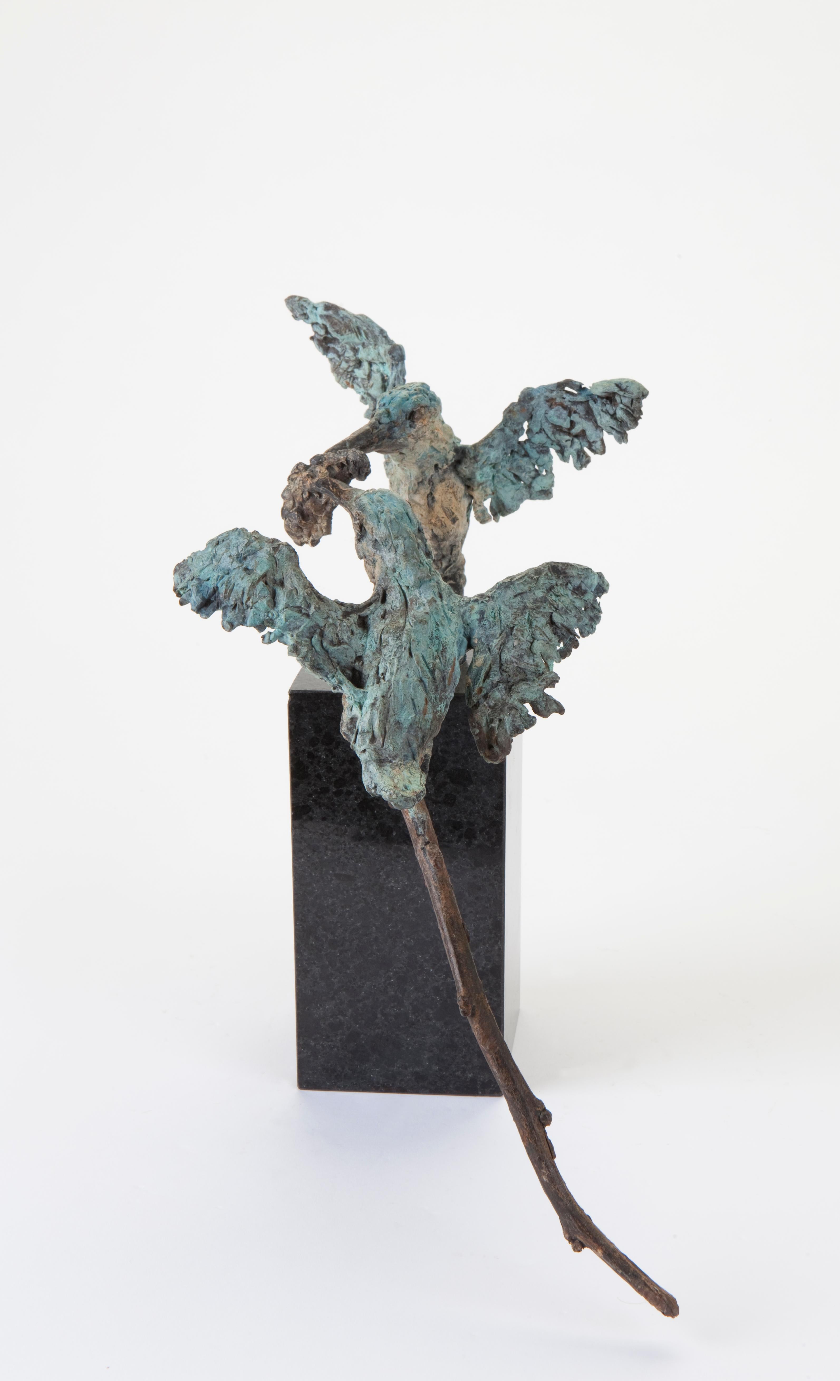 ''Kingfishers'', Contemporary Bronze Sculpture Portrait of 2 Kingfishers, Bird 2