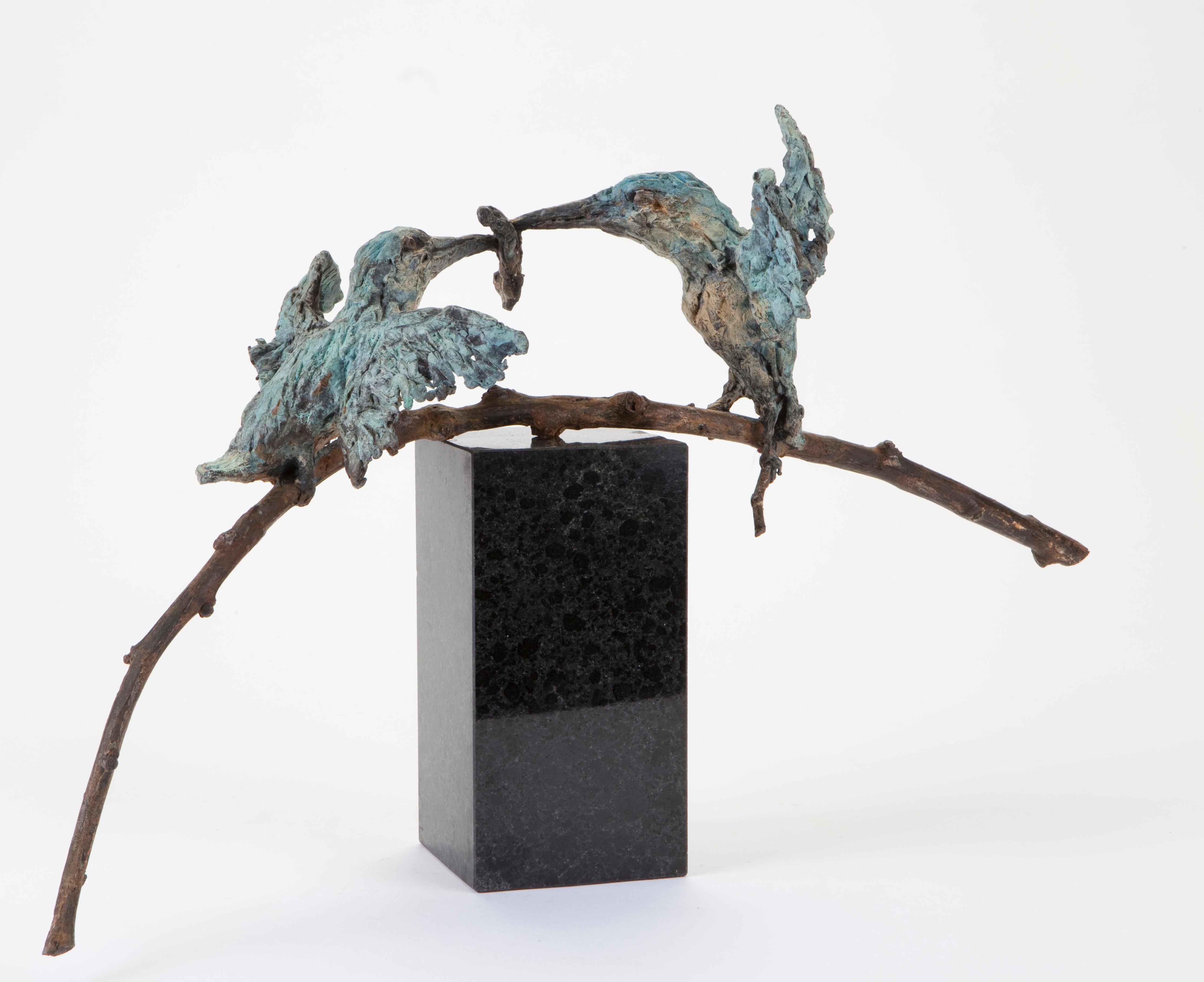 ''Kingfishers'', Contemporary Bronze Sculpture Portrait of 2 Kingfishers, Bird 3