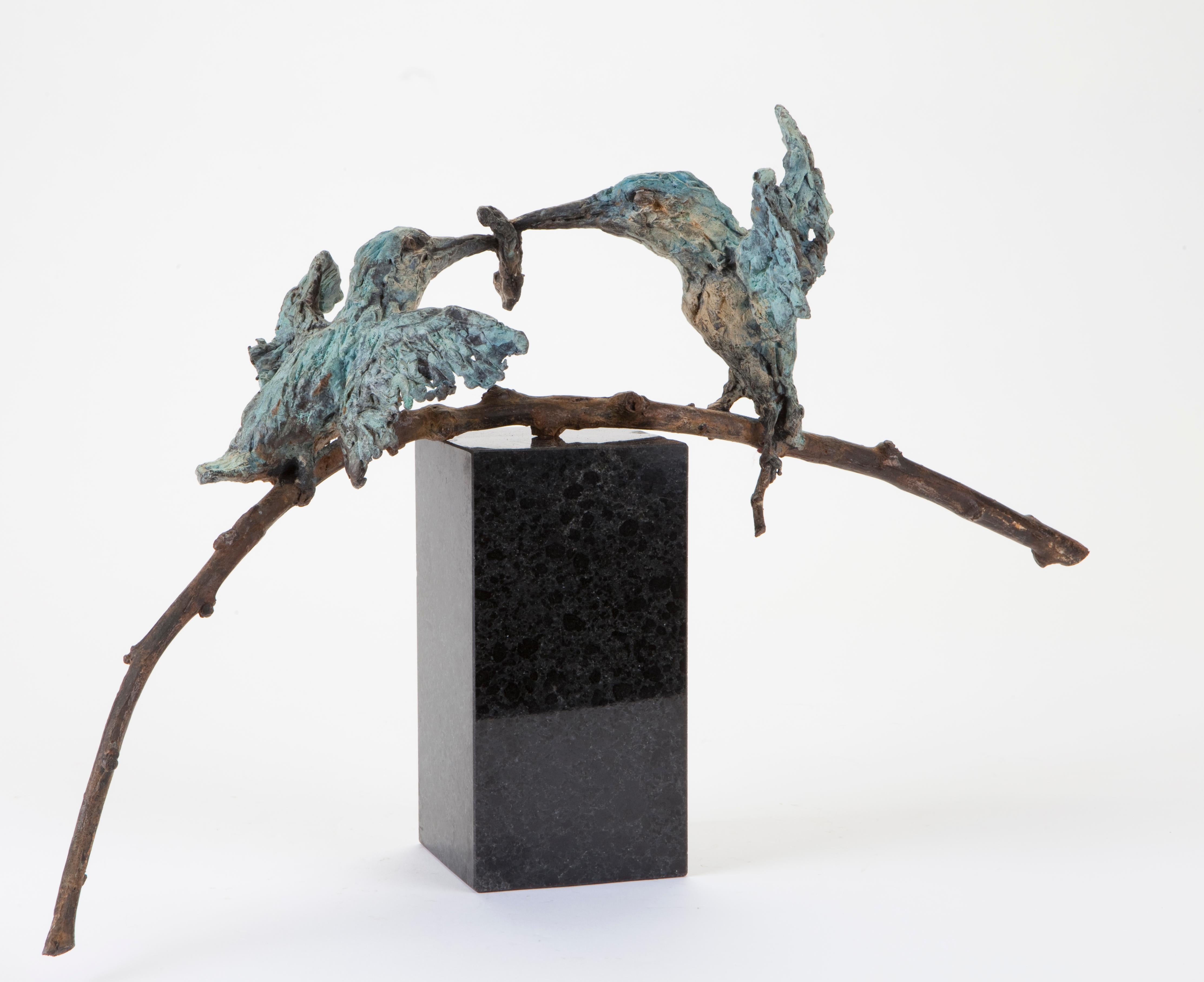 ''Kingfishers'', Contemporary Bronze Sculpture Portrait of 2 Kingfishers, Bird 1