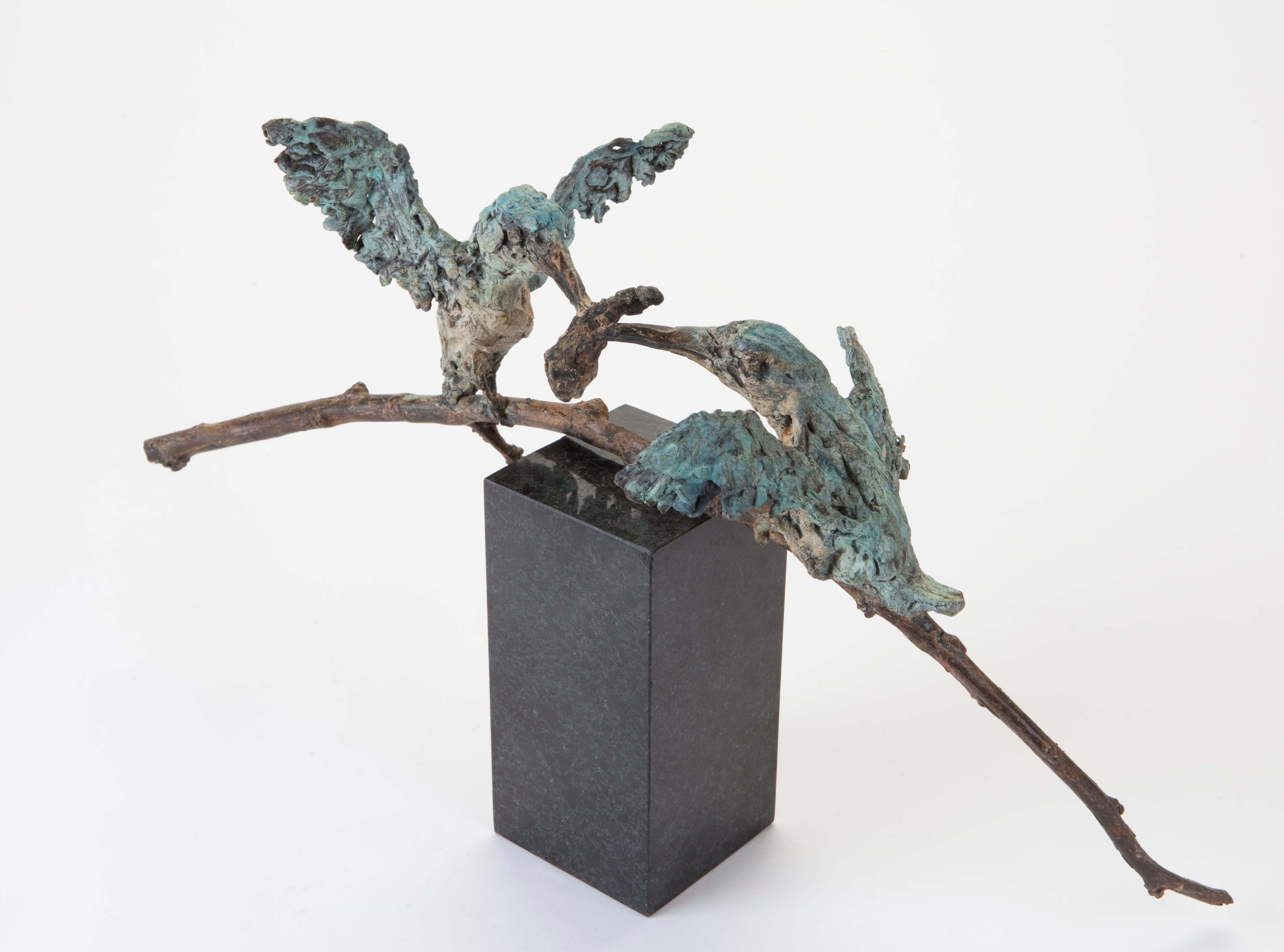 Ans Zondag Figurative Sculpture - ''Kingfishers'', Contemporary Bronze Sculpture Portrait of 2 Kingfishers, Bird