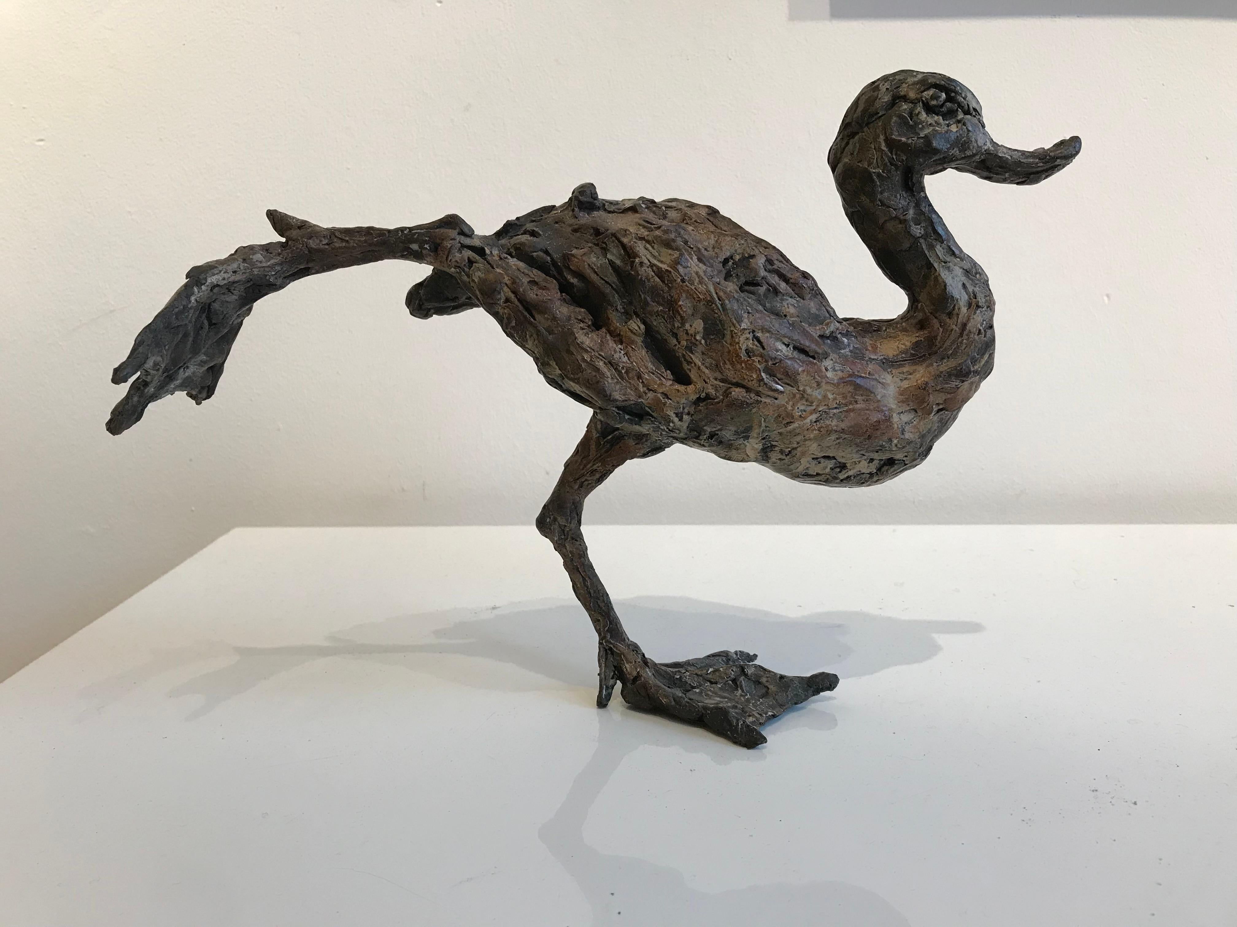 ''Stretch'', Contemporary Bronze Sculpture Portrait of a Duck, Bird - Gold Figurative Sculpture by Ans Zondag