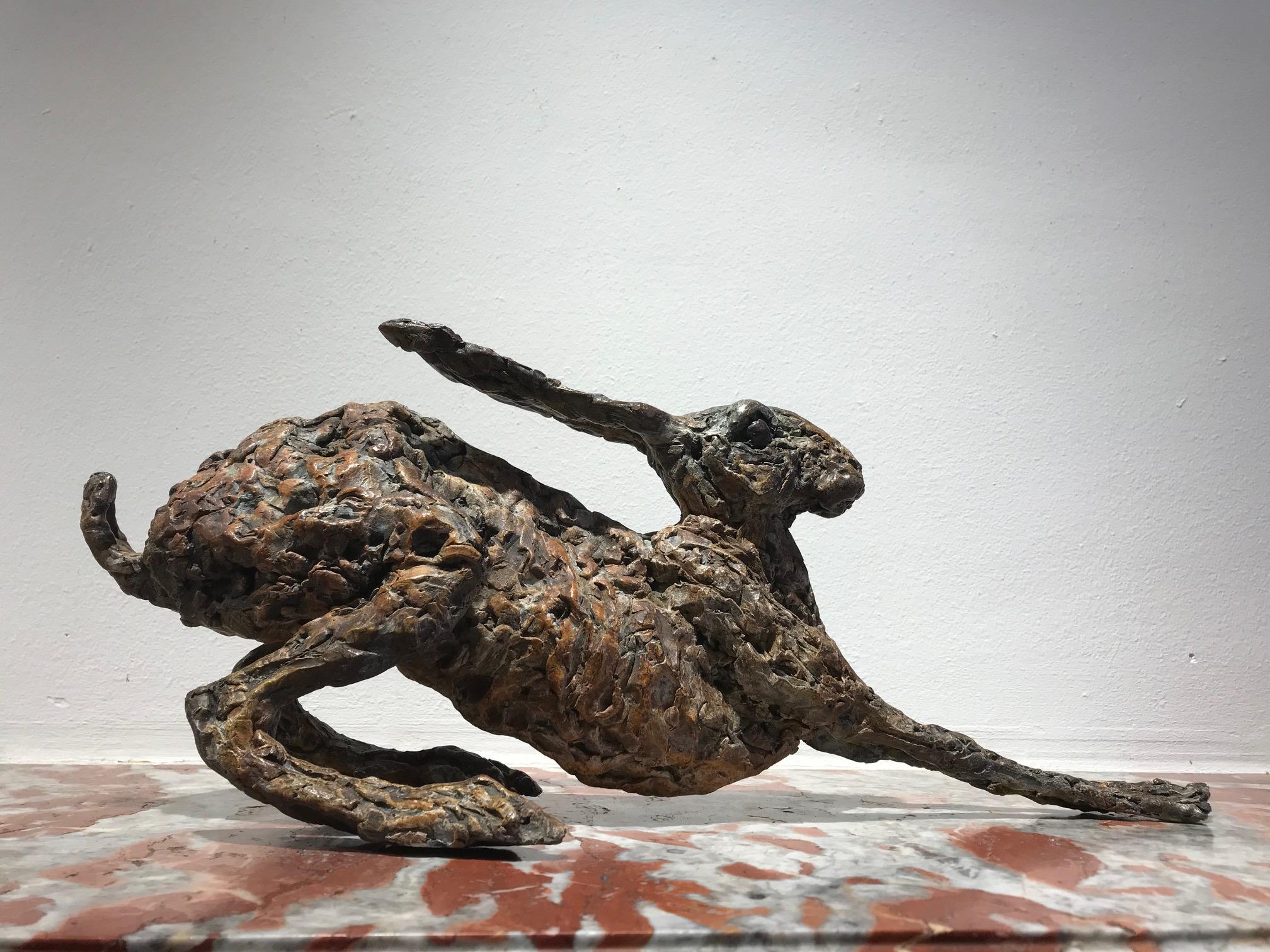 Ans Zondag Figurative Sculpture - ''Stretch'', Contemporary Bronze Sculpture Portrait of a Hare