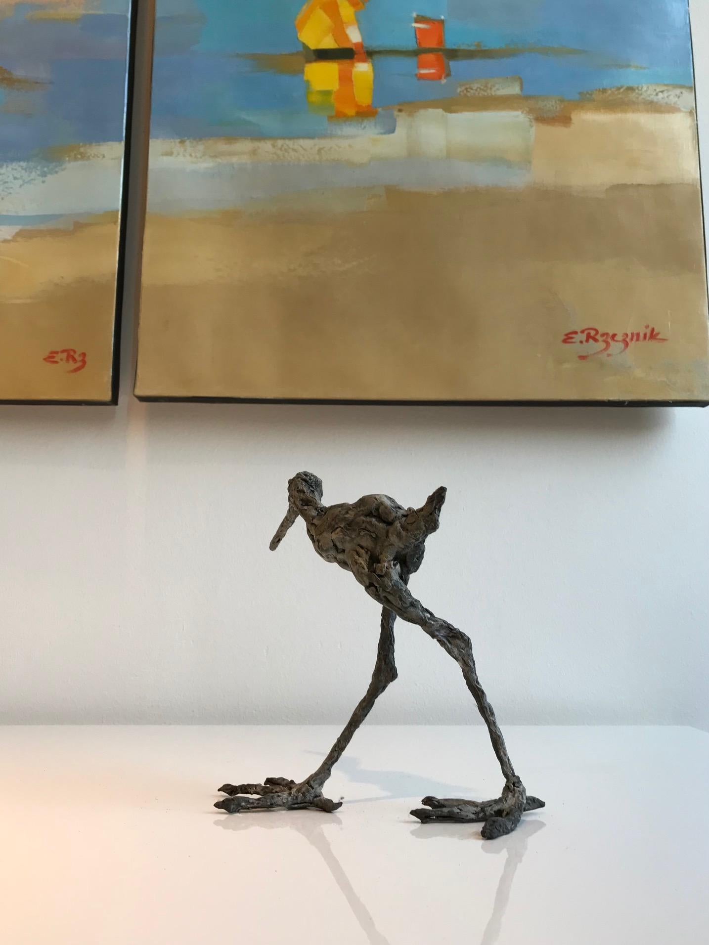 ''Wader'', Contemporary Bronze Sculpture Portrait of a Wader, Bird - Gold Figurative Sculpture by Ans Zondag