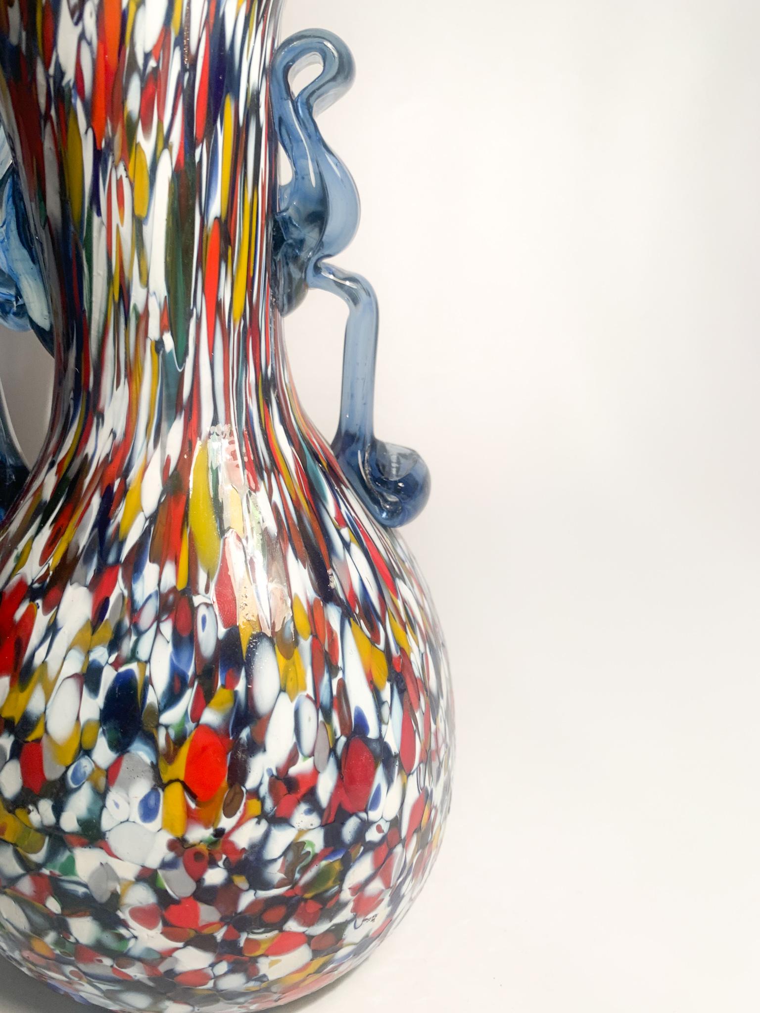 Mid-Century Modern Ansato Multicolored Vase in Murano Glass with Murrine from the 1940s