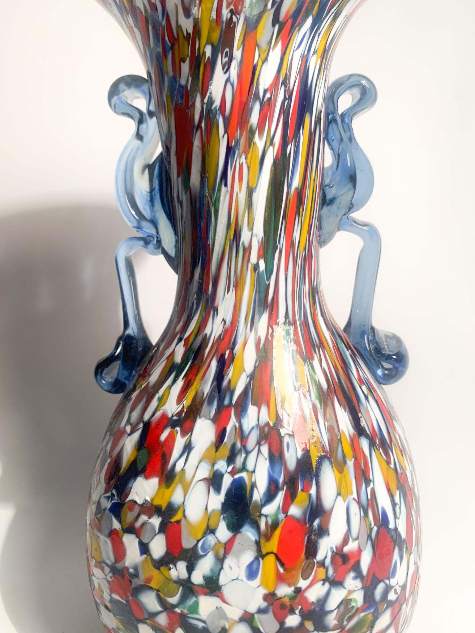 Italian Ansato Multicolored Vase in Murano Glass with Murrine from the 1940s