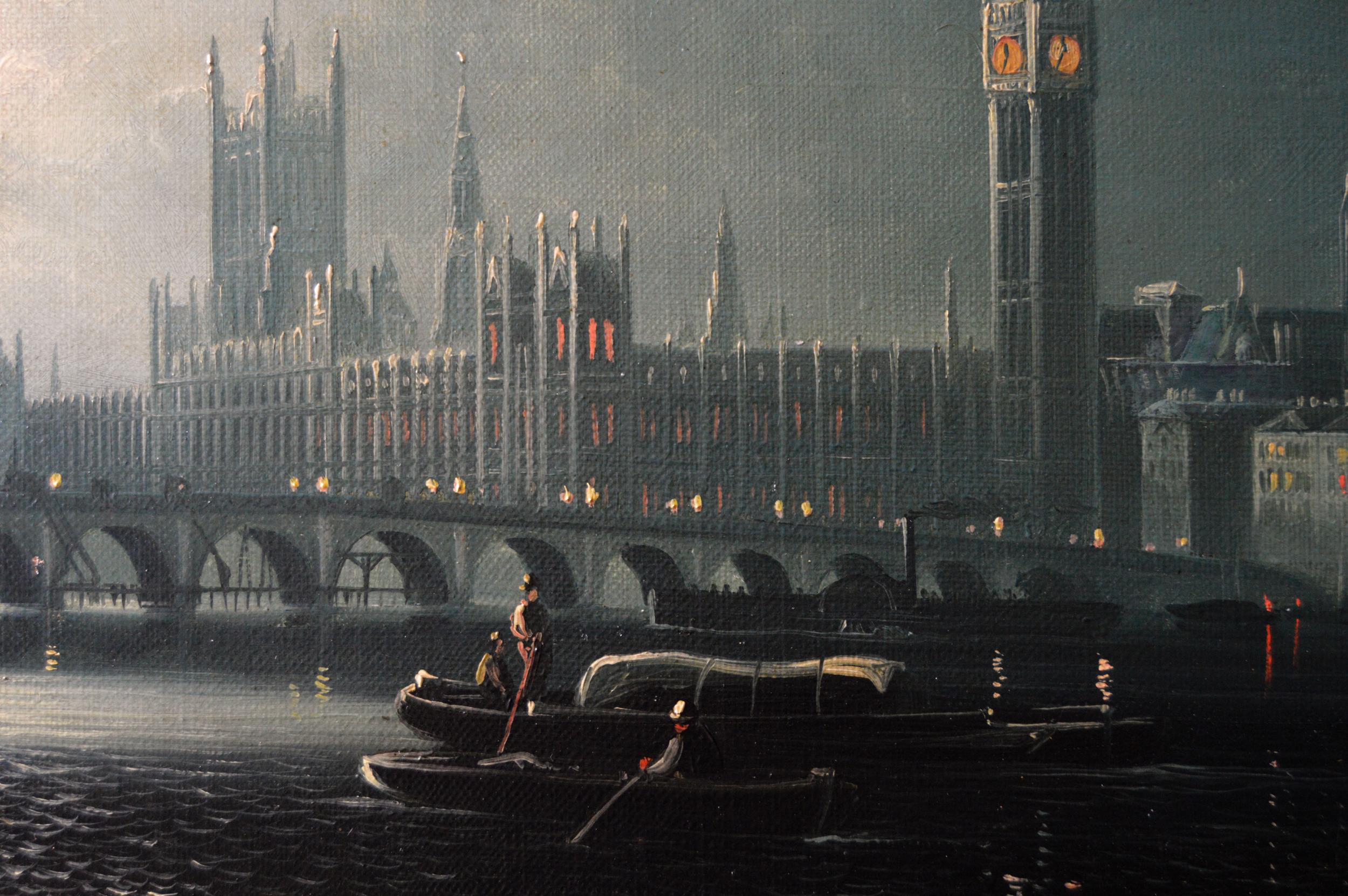Ansdell Smythe
British, (19th century)
Houses of Parliament & St Paul’s Cathedral
Oil on canvas, pair, both signed 
Image size: 9.5 inches x 17.5 inches 
Size including frame: 15 inches x 23 inches

Smythe specialised in moonlit scenes of London’s