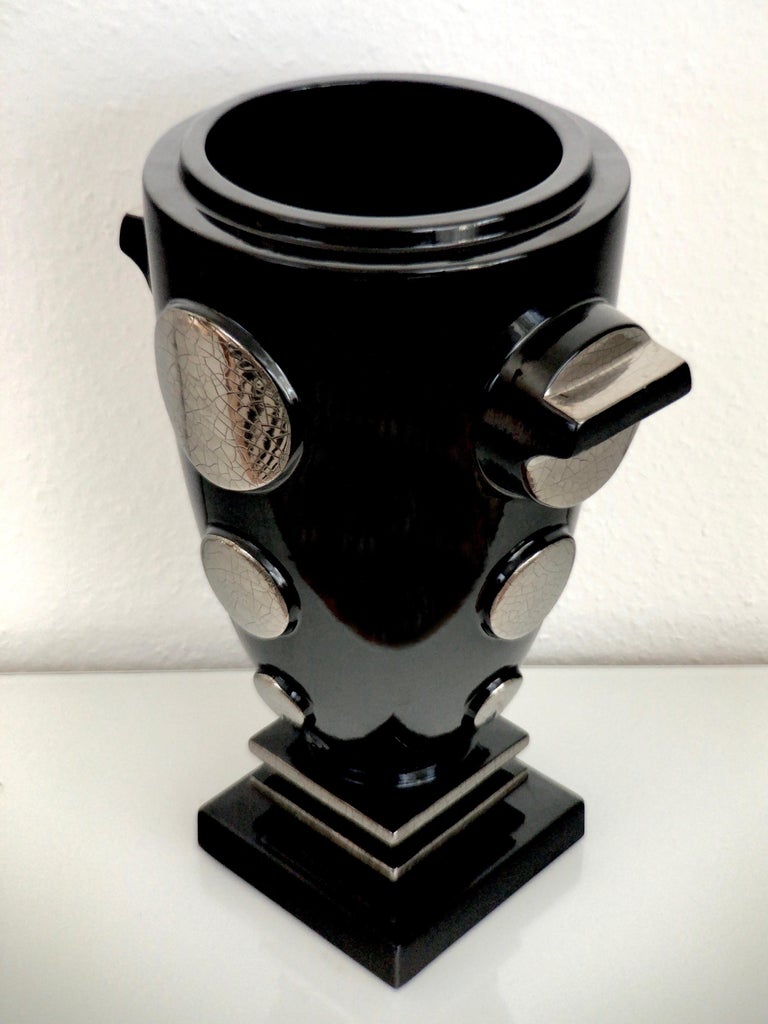 Art Deco Anse Black Glazed Ceramic Cup Vase from Emaux de Longwy For Sale