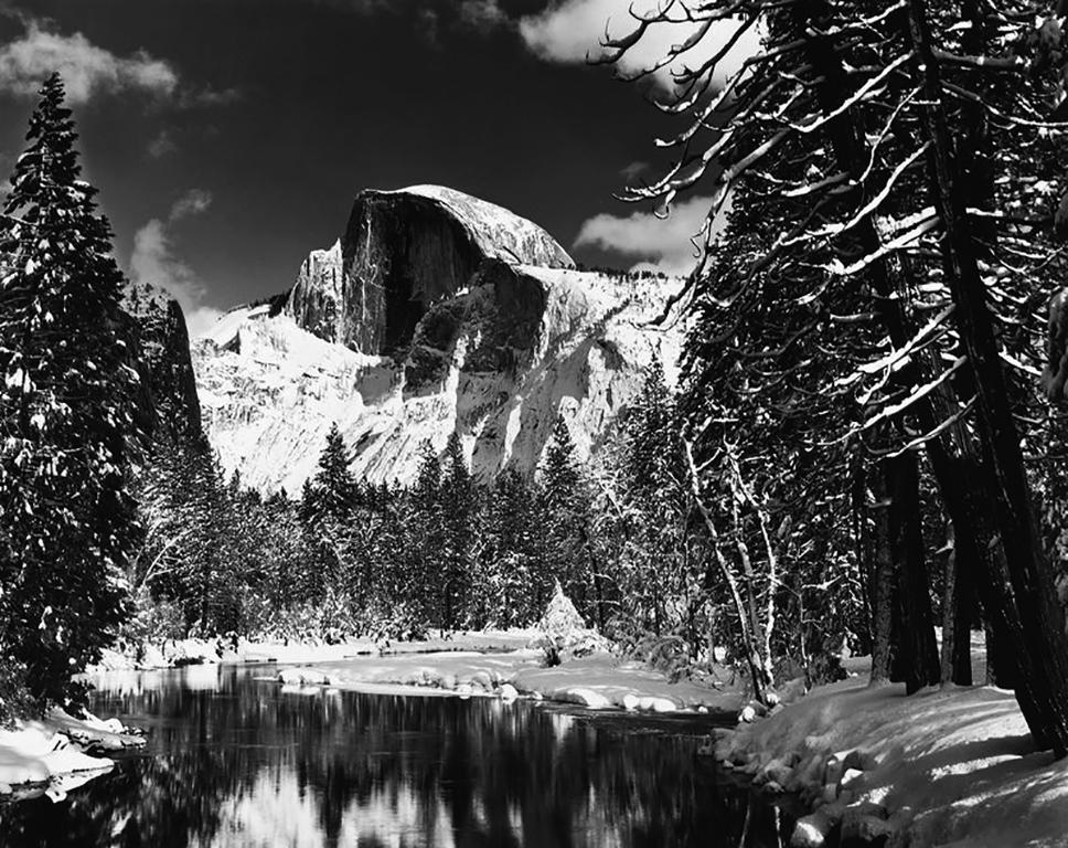 Ansel Adams Landscape Photograph - Half Dome, Merced River, Winter, Yosemite National Park, California