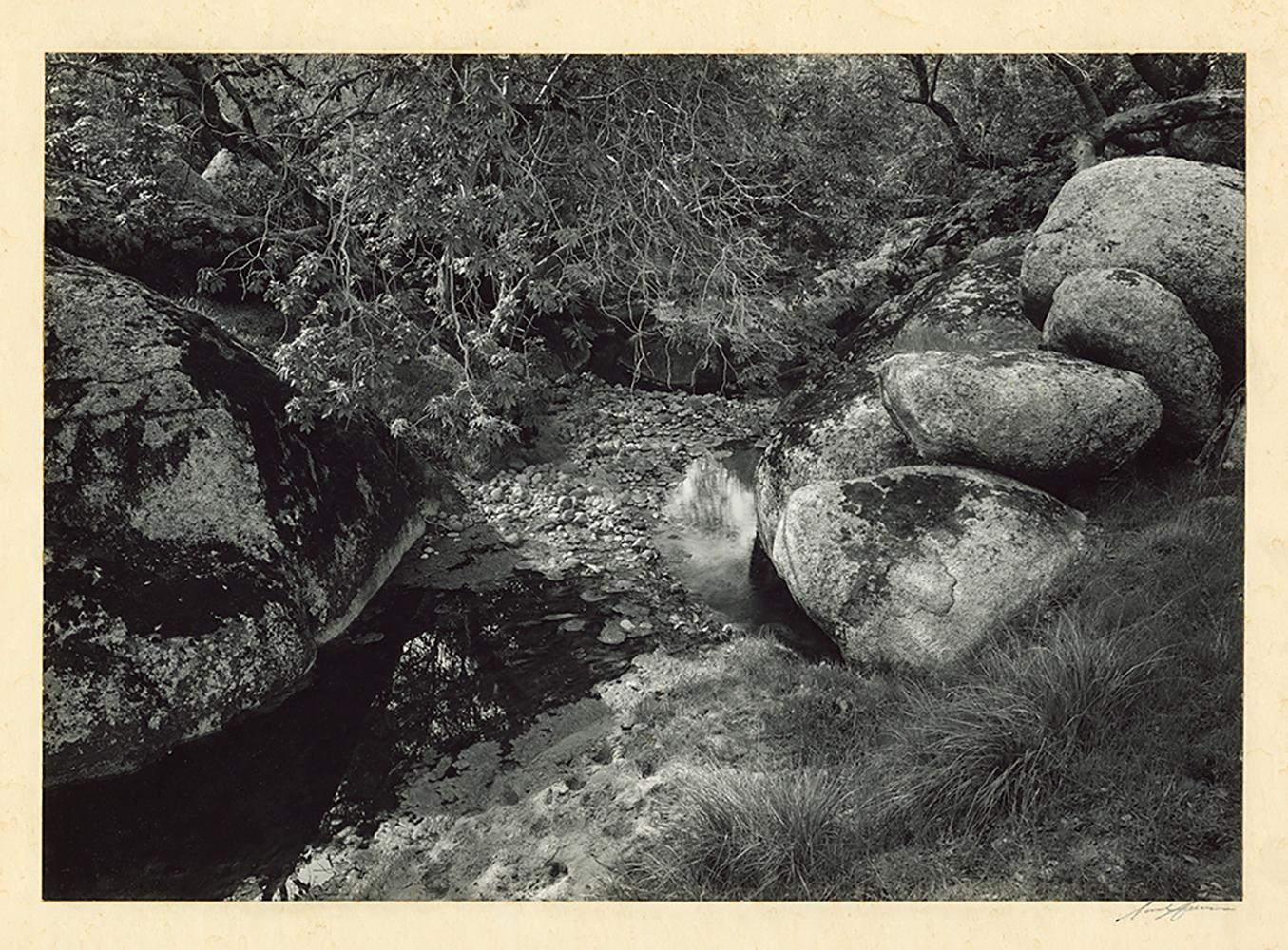 Ansel Adams Black and White Photograph - Sunset Hills, CA, (Creek and rocks)