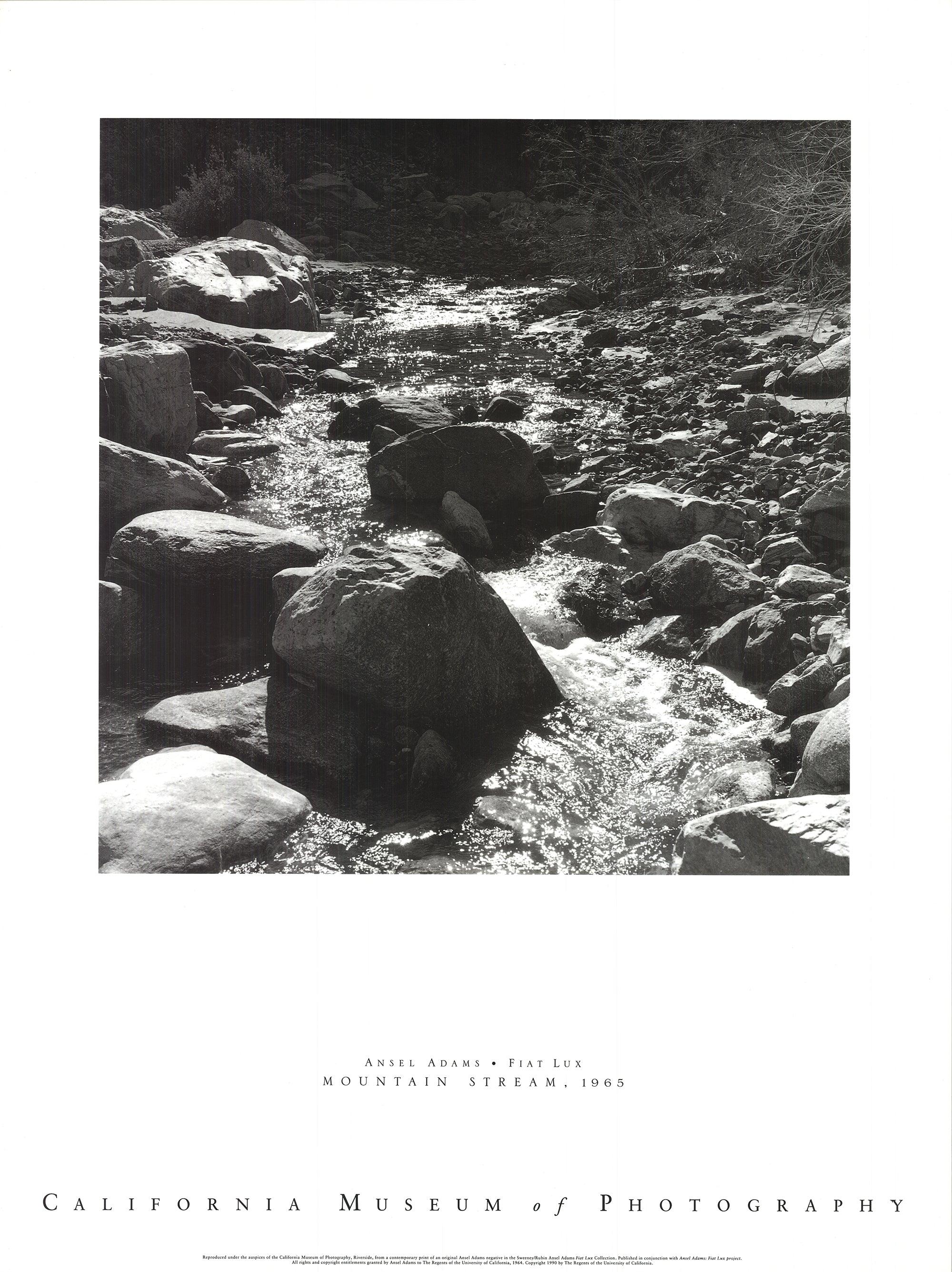 This exquisite poster features a beautifully reproduced version of Ansel Adams’ iconic photograph “Mountain Stream, 1965.” Published in 1990 by Little, Brown and Co., this poster captures the breathtaking beauty and serene majesty of one of Adams’