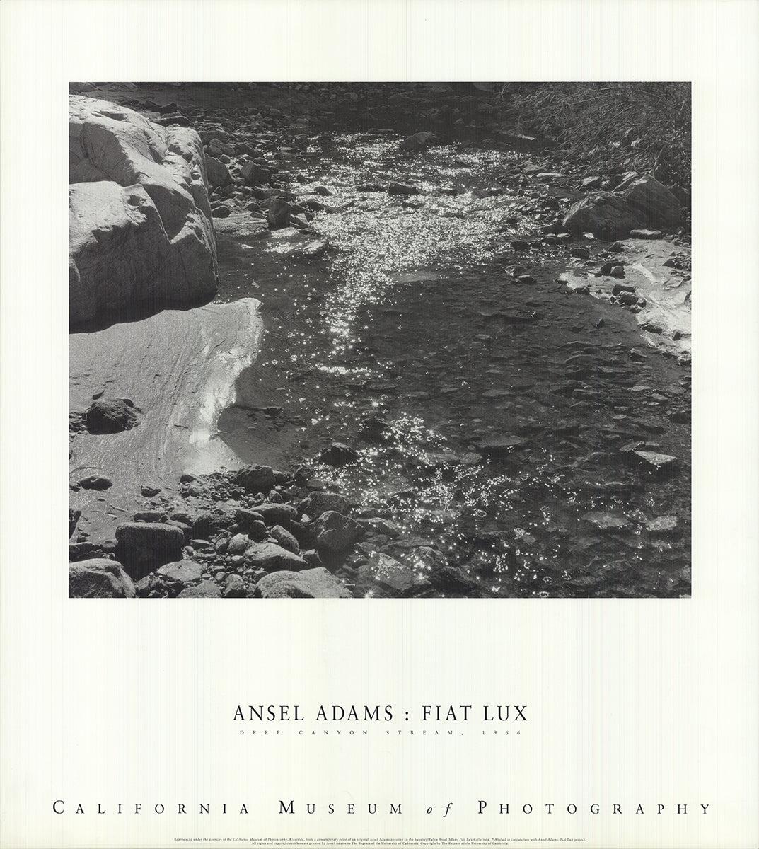 “Deep Canyon Stream” by Ansel Adams, reproduced and published by Little, Brown and Co. in 1992, is a stunning depiction of nature’s raw and untouched beauty. This reproduction captures the essence of Adams' original photograph, which features a