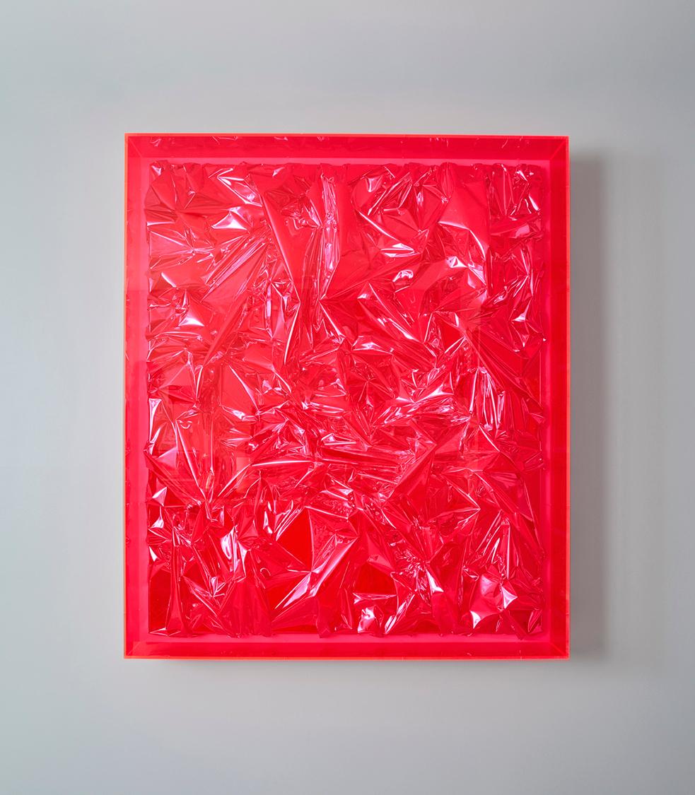Foil and acrylic on canvas in acrylic glass box by Anselm Reyle, 2007. 

Born in Tubingen, Germany, Anselm Reyle studied at the Staatliche Akademie der Bildenden Künste, Stuttgart and at the Staatliche Akademie der Bildenden Künste, Karlsruhe. The