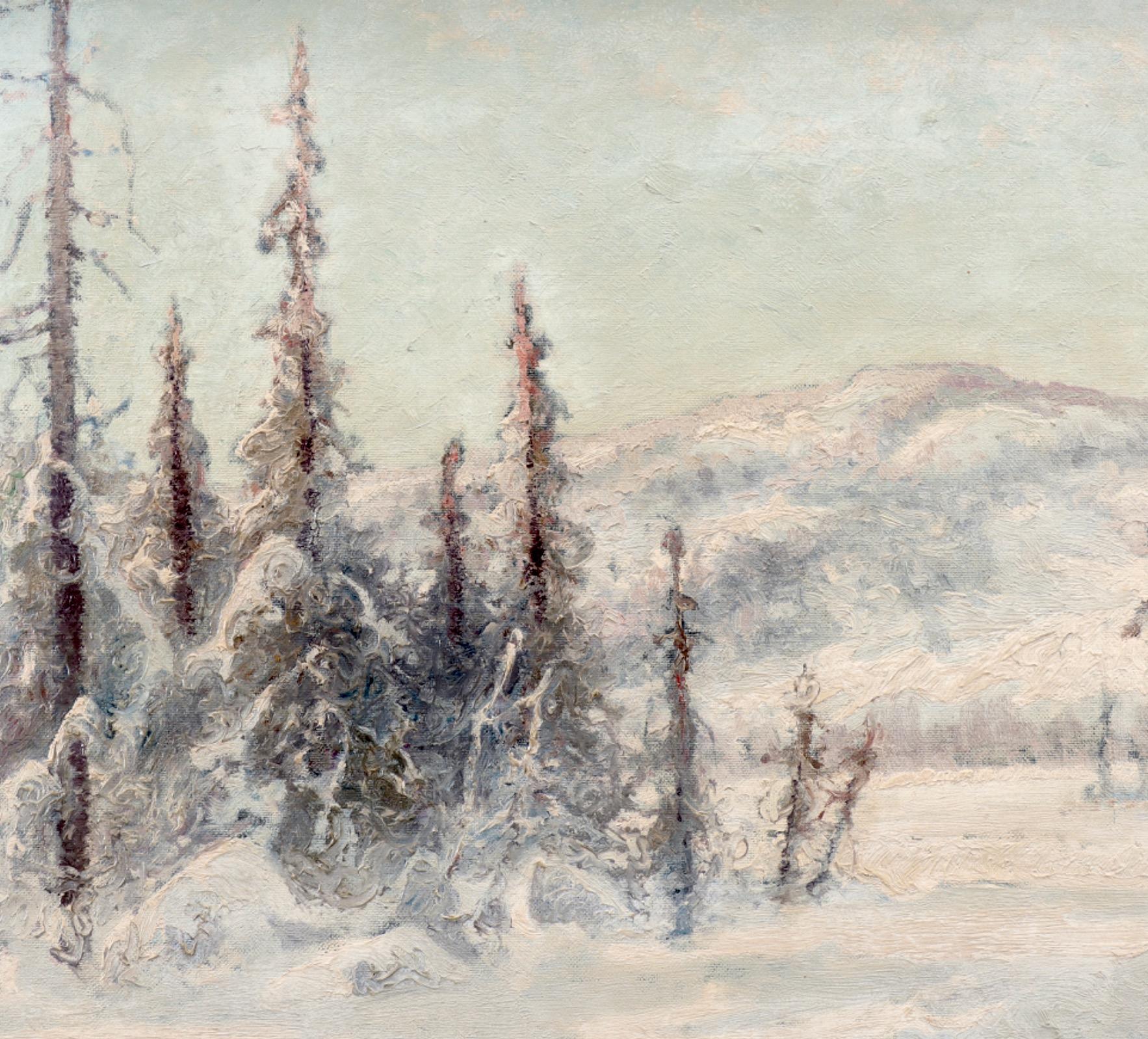 Mountain Winter Landscape - Beige Landscape Painting by Anselm Schultzberg