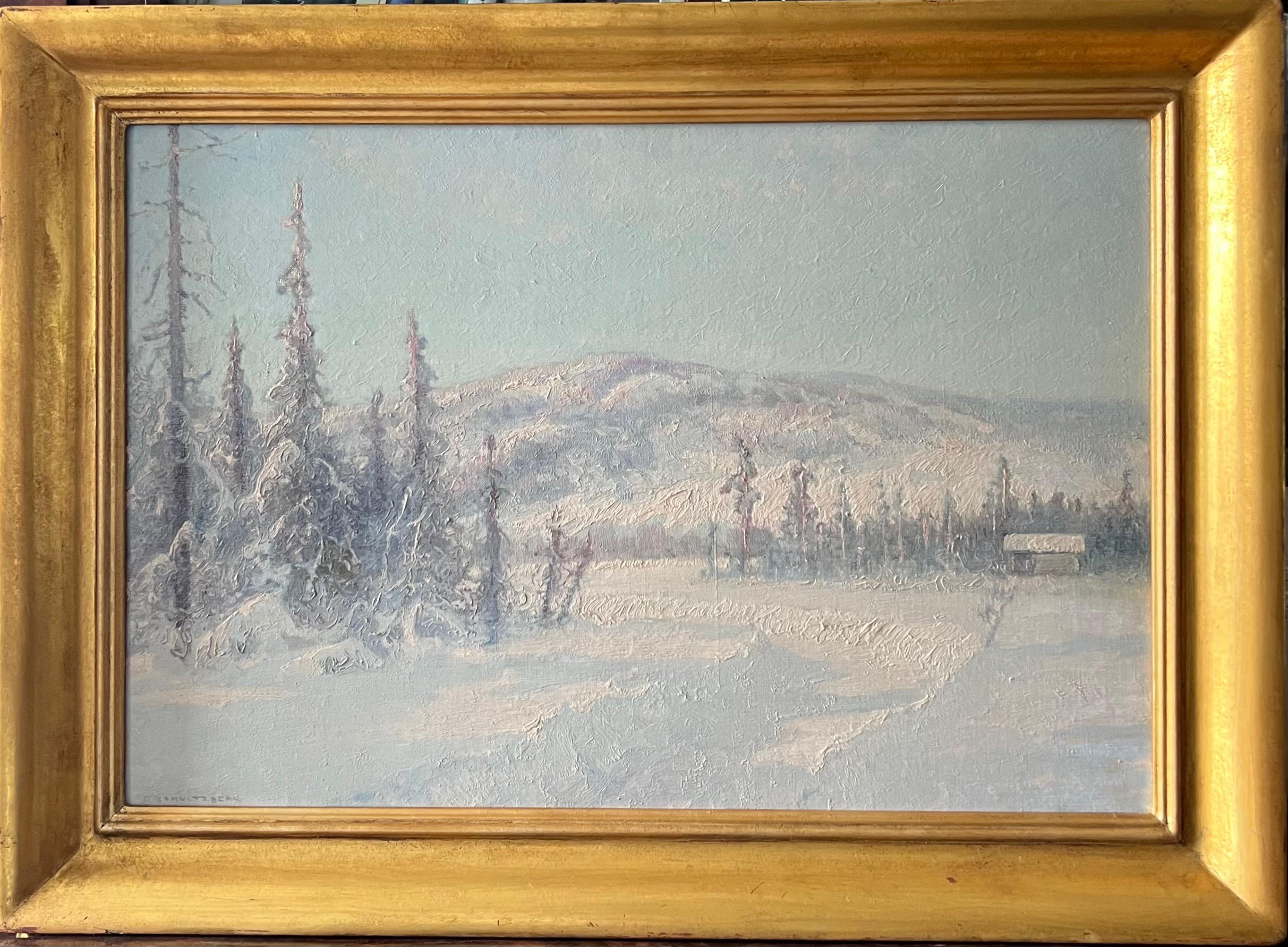 Snowy Mountain Landscape and a Cabin in Twilight - Oil on canvas 1910´s