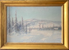 Snowy Mountain Landscape and a Cabin in Twilight - Oil on canvas 1910´s