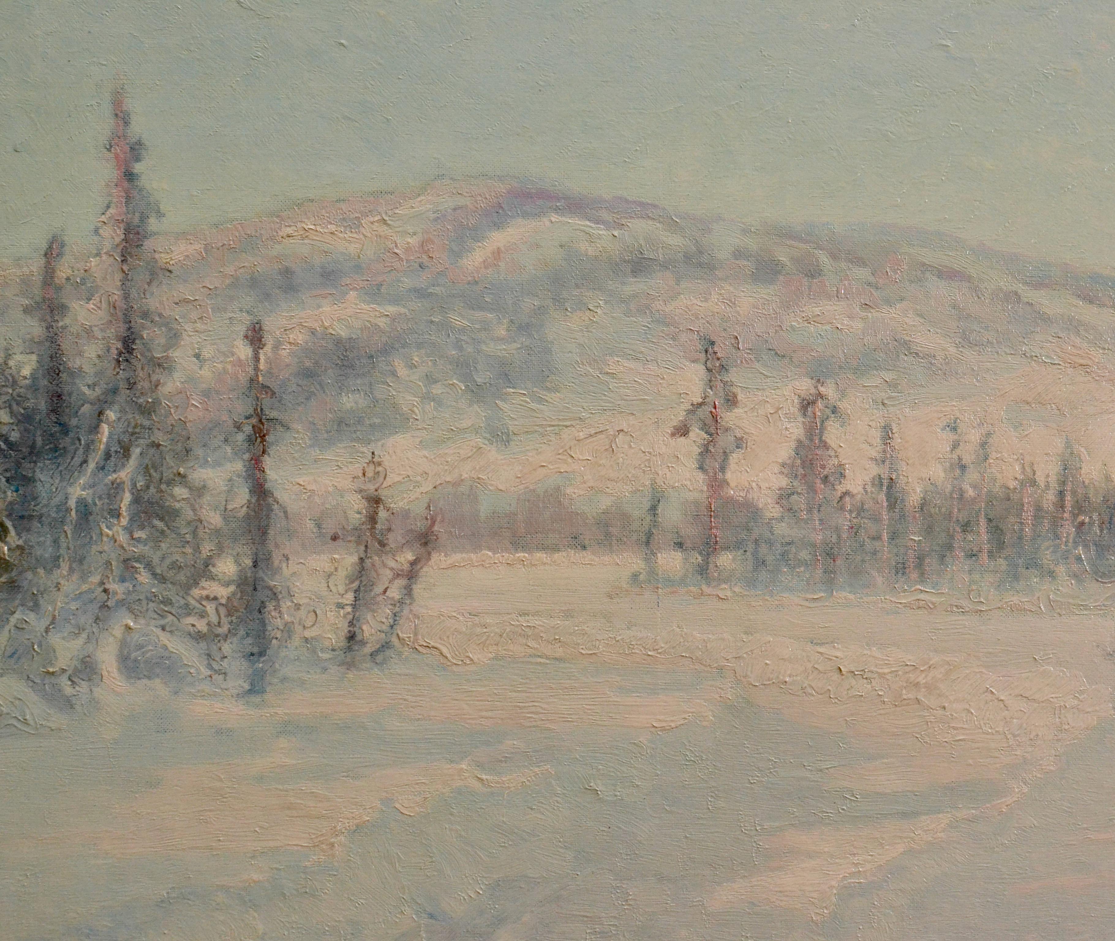 Snowy Mountain Landscape and a Cabin in Twilight - Oil on canvas 1910´s - Beige Landscape Painting by Anselm Schultzberg