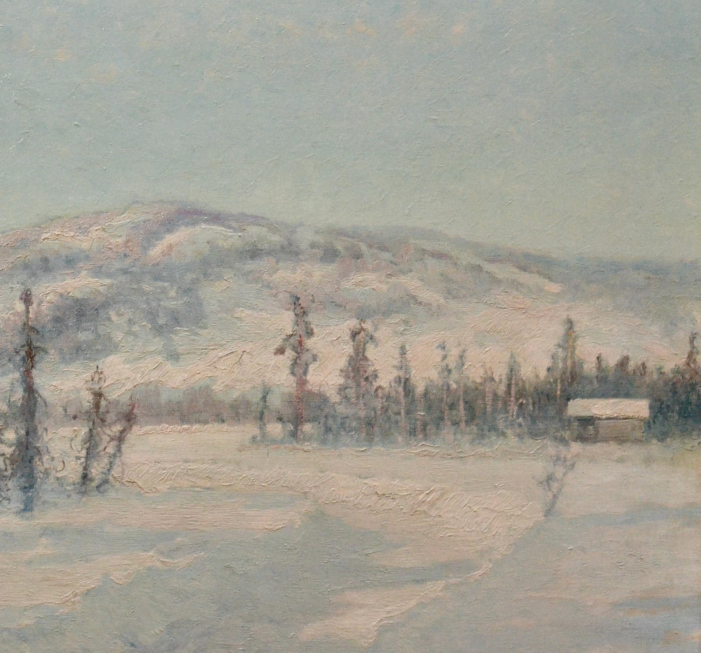 Snowy Mountain Landscape and a Cabin in Twilight - Oil on canvas 1910´s For Sale 1