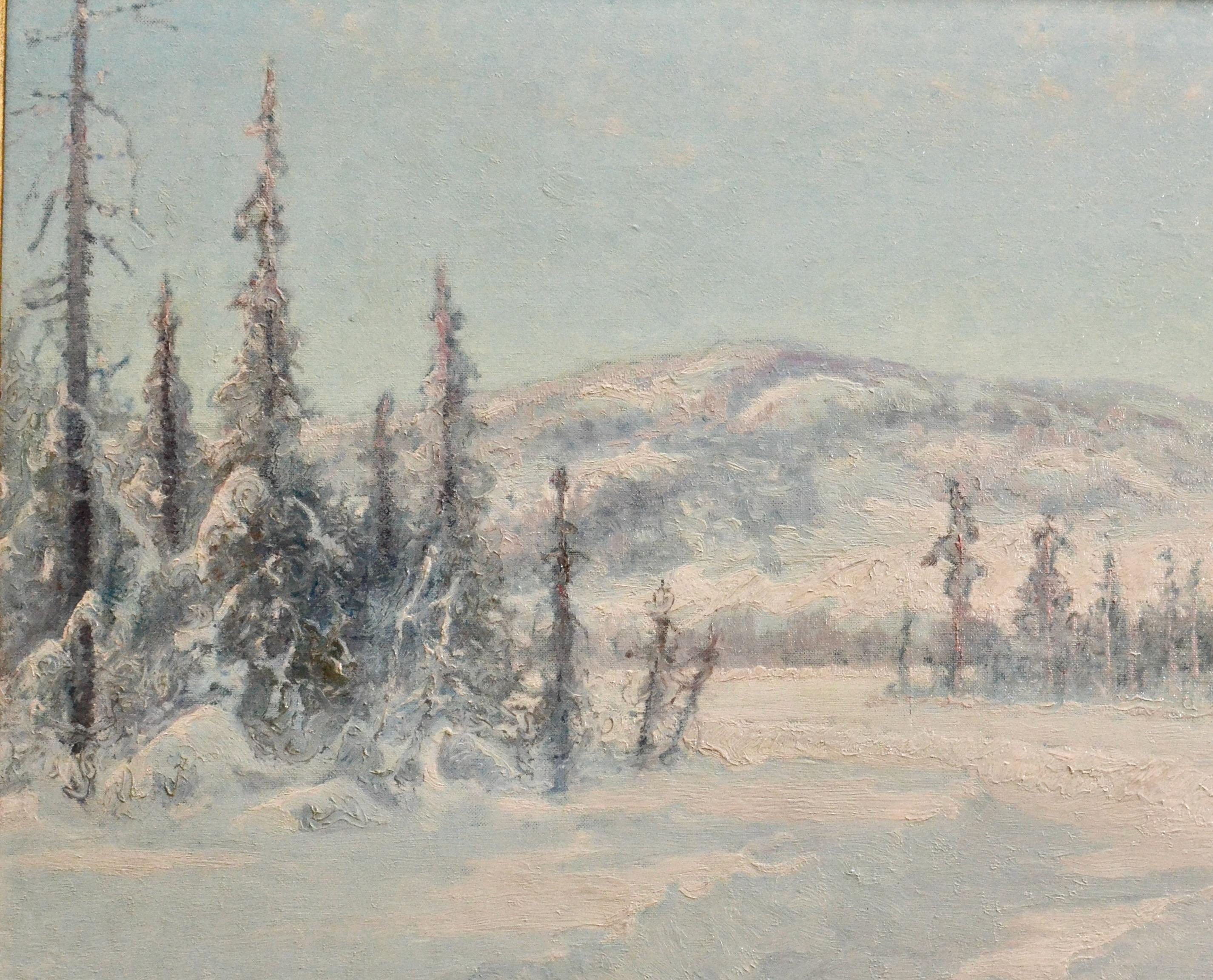 Snowy Mountain Landscape and a Cabin in Twilight - Oil on canvas 1910´s For Sale 2