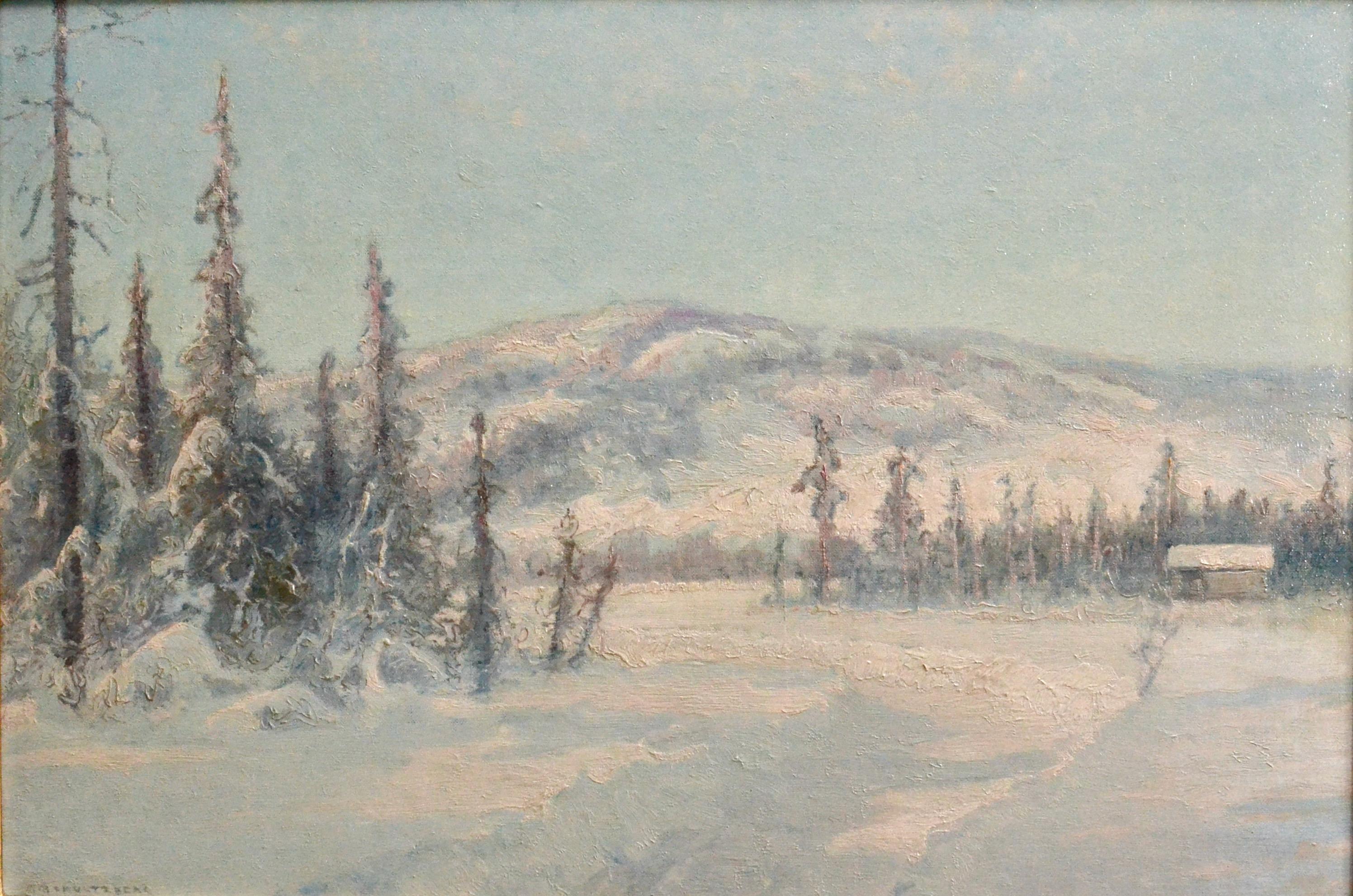 Snowy Mountain Landscape and a Cabin in Twilight - Oil on canvas 1910´s For Sale 3