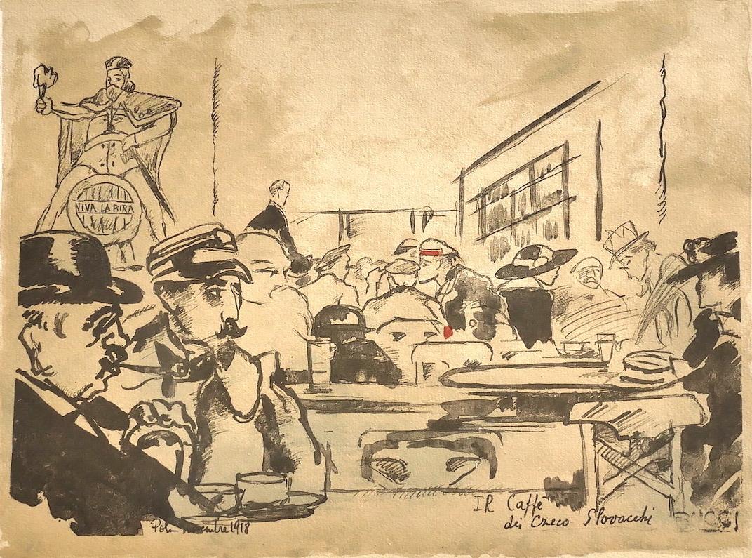 Anselmo Bucci Figurative Print - Caffè Greco - Original Print - 1918