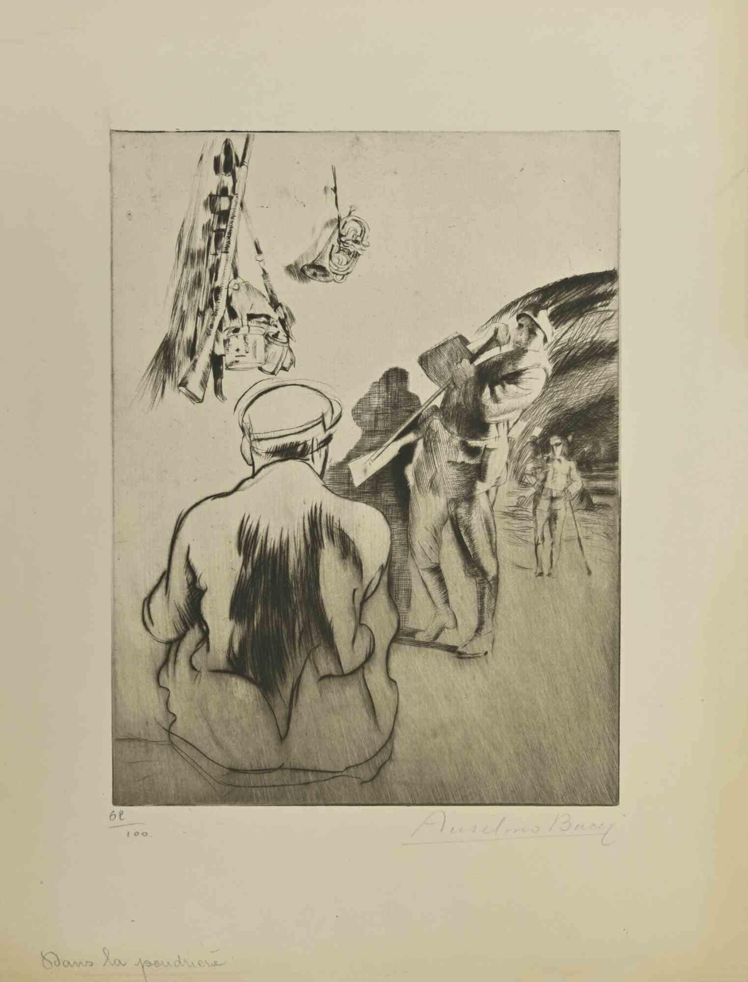  Dans la Poudrière - from "Le Croquis du Front Italien" is an Etching and Drypoint realized by the Italian Artist Anselmo Bucci, in 1917.

Hand signed on the right margin . Edition n. 68/100 specimens on Hollande paper. From the collection: “Croquis