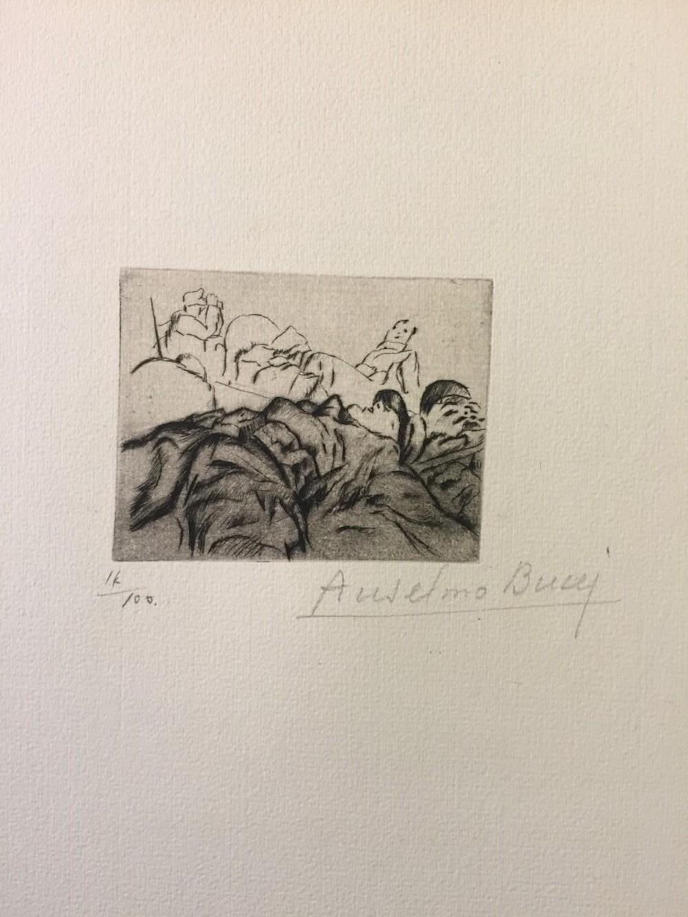 Abmessungen des Bildes: 6 x 8 cm.

Handsigniert. Auflage von 100 Drucken auf Hollande-Papier. Aus der Collection: "Croquis du Front Italien", erschienen in Paris bei D'Alignan editions. Anselmo Bucci war ein italienischer Maler und Grafiker.

Ab