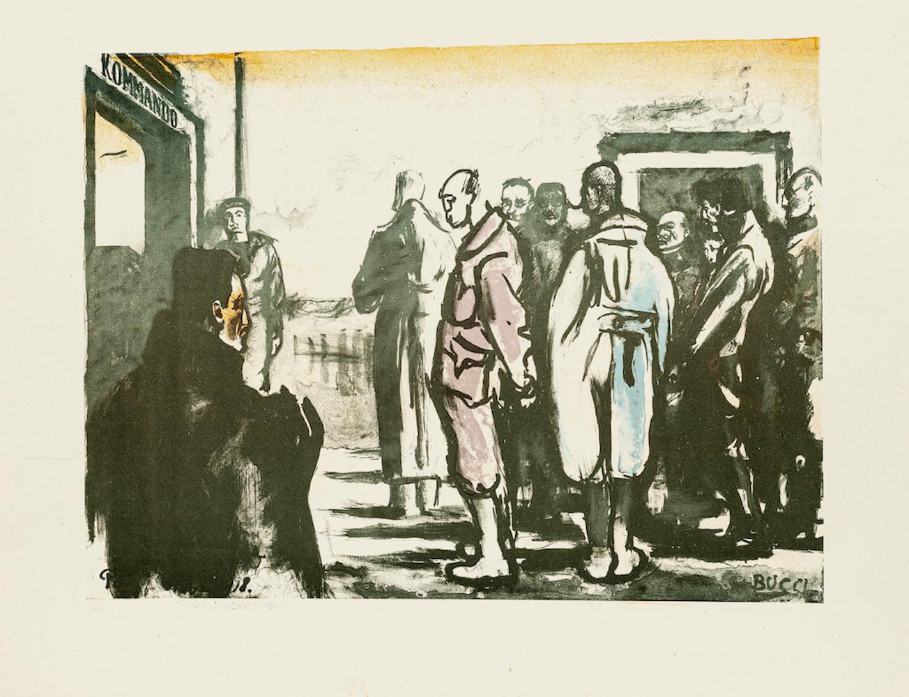 Gruppe von Männern - Originallithographie von Anselmo Bucci - 1918