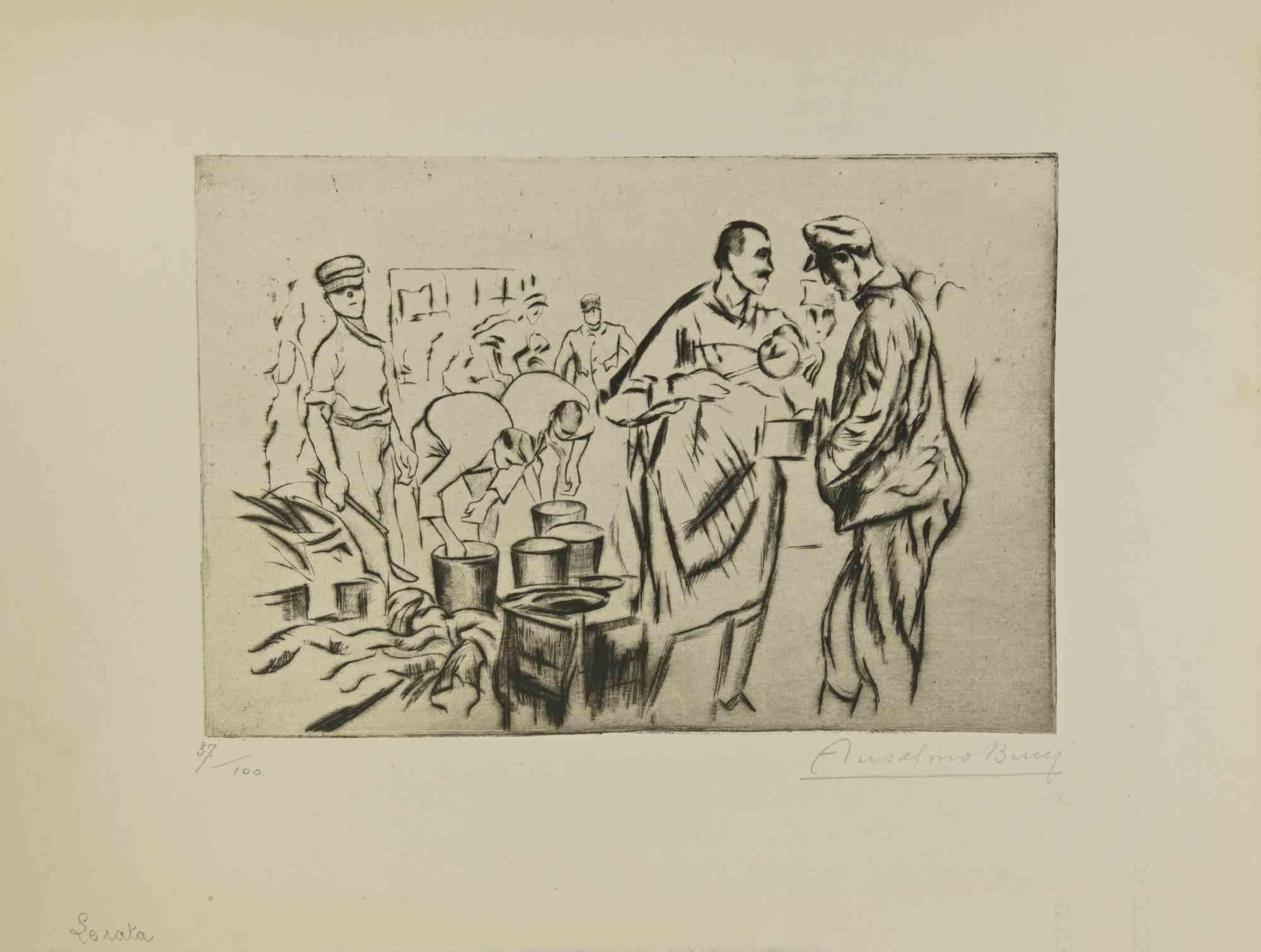  La Soirée - aus "Le Croquis du Front Italien"  ist eine Radierung und Kaltnadelradierung des italienischen Künstlers Anselmo Bucci aus dem Jahr 1917.

Handsigniert am rechten Rand. Auflage n. 37/100 Exemplare auf Hollande-Papier. Aus der