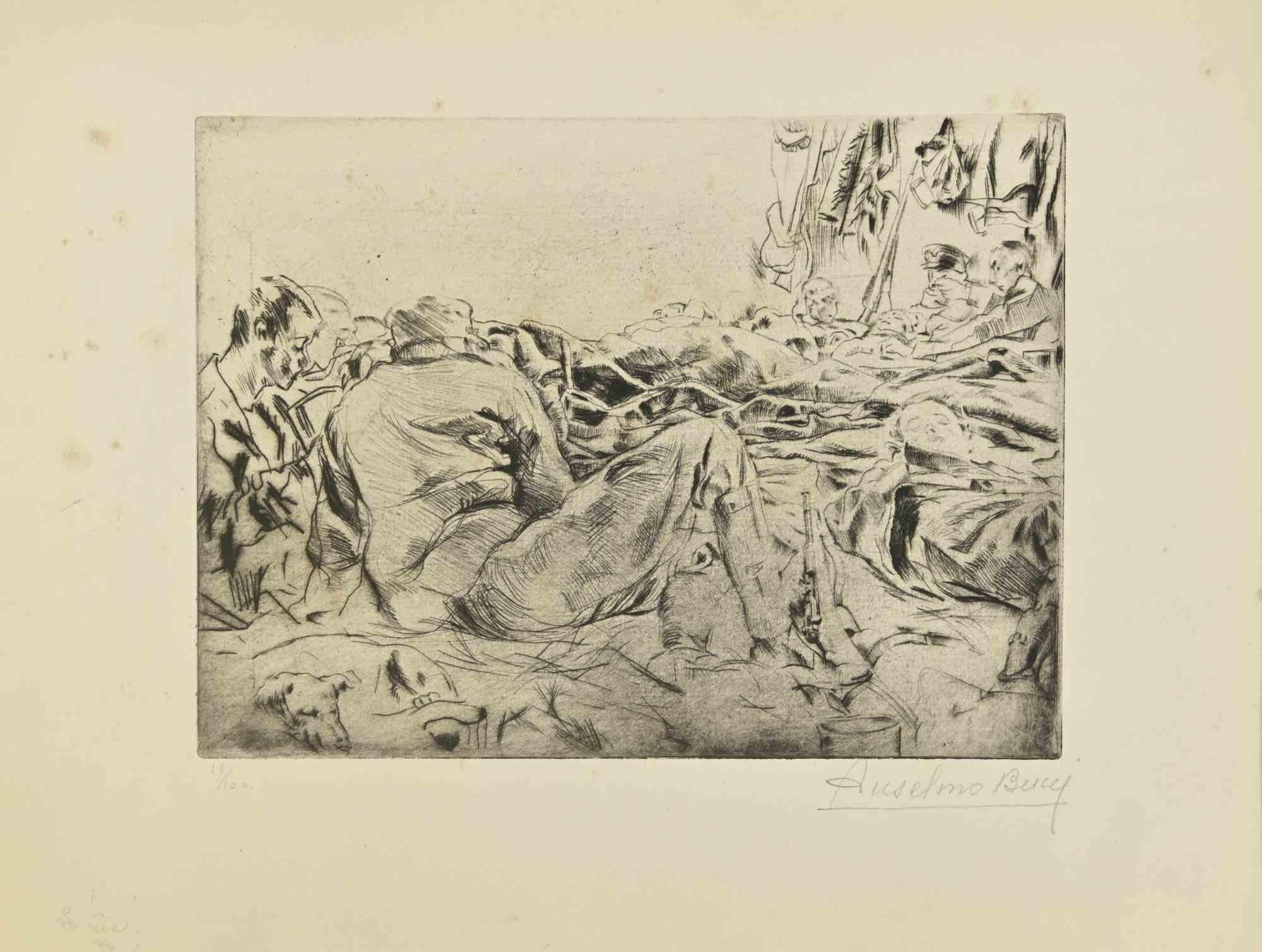 Le Rêve-from "Le Croquis du Front Italien" is an Artwork, Drypoint, realized by the Italian Artist Anselmo Bucci, in 1917.

Hand signed on the right margin . Edition n. 18/100 specimens on Hollande paper. From the collection: “Croquis du Front
