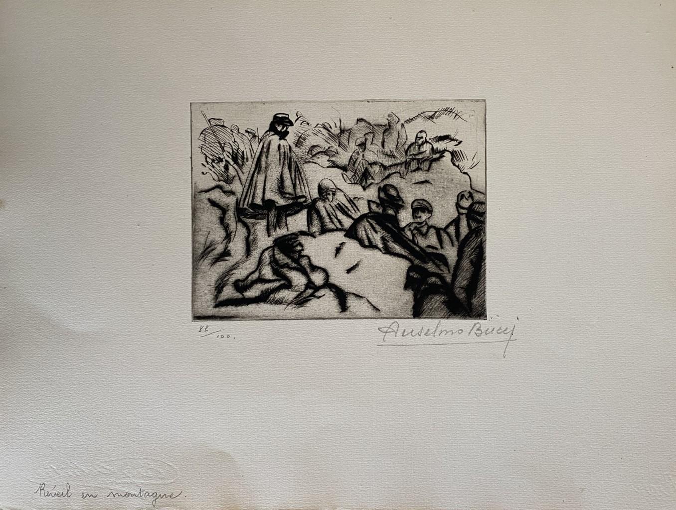 "Military" 1914 is a beautiful print in etching technique, realized by Anselmo Bucci (1887-1955).

Hand signed. Numbered 89/100 of prints on the lower left. On the lower left corner, an iscription written in pencil, Reveil en montagne.

Image