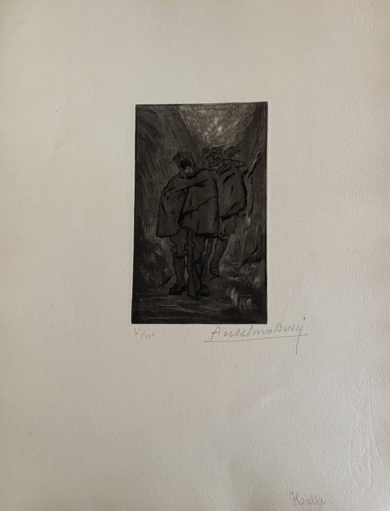 "Military" 1917 is a beautiful print in etching technique, realized by Anselmo Bucci (1887-1955).

Hand signed. Numbered 61/100 of prints on the lower left. On the lower right corner, an iscription written in pencil,Ilealte.

Image Dimensions: 15 x