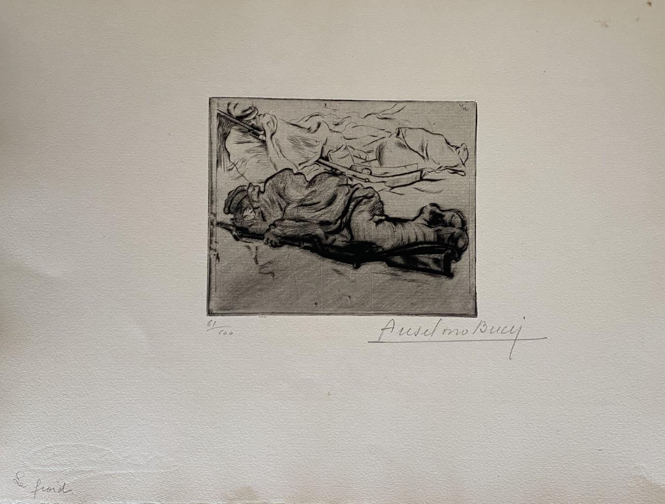 "Military" 1917 is a beautiful print in etching technique, realized by Anselmo Bucci (1887-1955).

Hand signed. Numbered 61/100 of prints on the lower left. On the lower left corner, an iscription written in pencil, Le Froidi.

Image Dimensions: 11