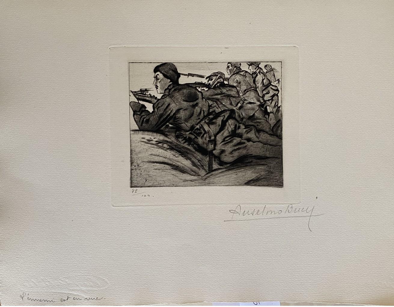 "Militaire" 1917 est une belle estampe en technique de gravure, réalisée par Anselmo Bucci (1887-1955).

Signé à la main. Numéroté 89/100 des tirages en bas à gauche. Dans le coin inférieur gauche, une iscription écrite au crayon, L'hermerni est en