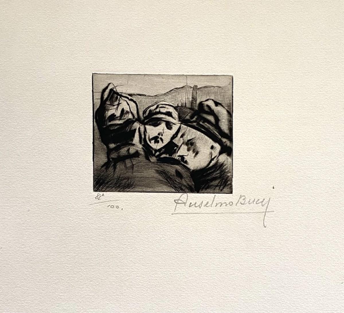 "Militar" 1917 es una bella estampa en técnica de aguafuerte, realizada por Anselmo Bucci (1887-1955).

Firmado a mano. Numerado 89/100 de copias en la parte inferior izquierda. En la esquina inferior izquierda, una iscripción escrita a lápiz,