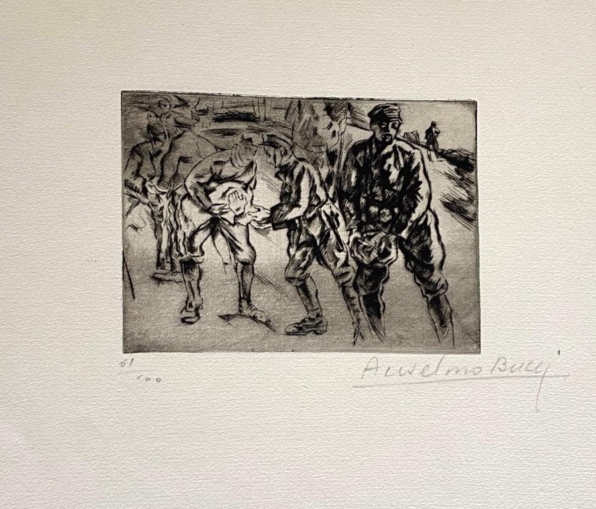 "Militar" 1917s es una bella estampa en técnica de aguafuerte, realizada por Anselmo Bucci (1887-1955).

Firmado a mano. Numerado 61/100 de copias en la parte inferior izquierda. En la esquina inferior izquierda, una iscripción ilegible escrita a