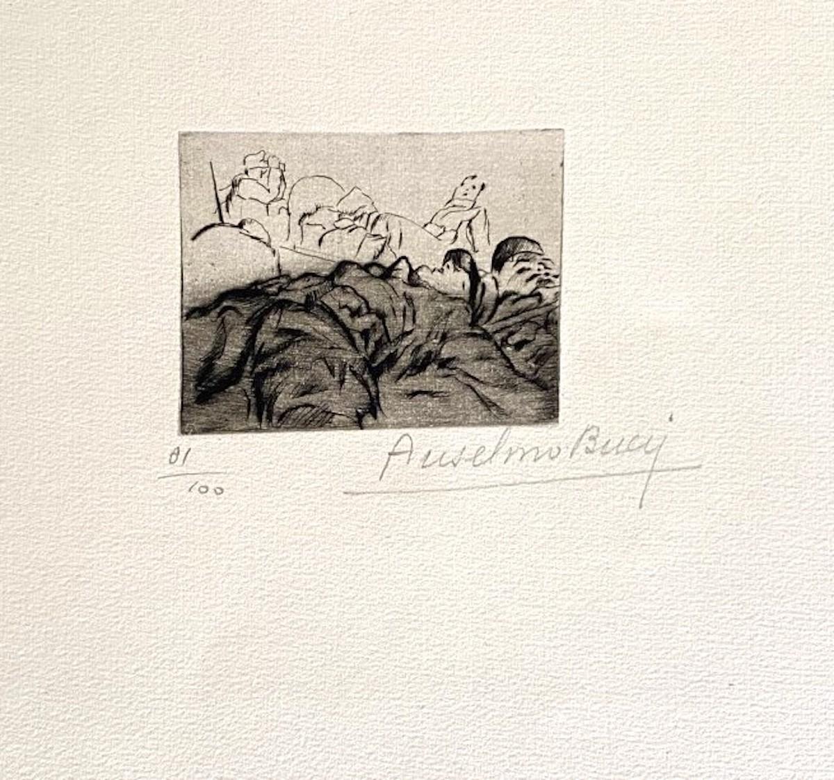 "Military" 1917s is a beautiful print in etching technique, realized by Anselmo Bucci (1887-1955).

Hand signed. Numbered 81/100 of prints on the lower left. On the lower left corner, an illegible iscription written in pencil.

Image Dimensions: 6 x