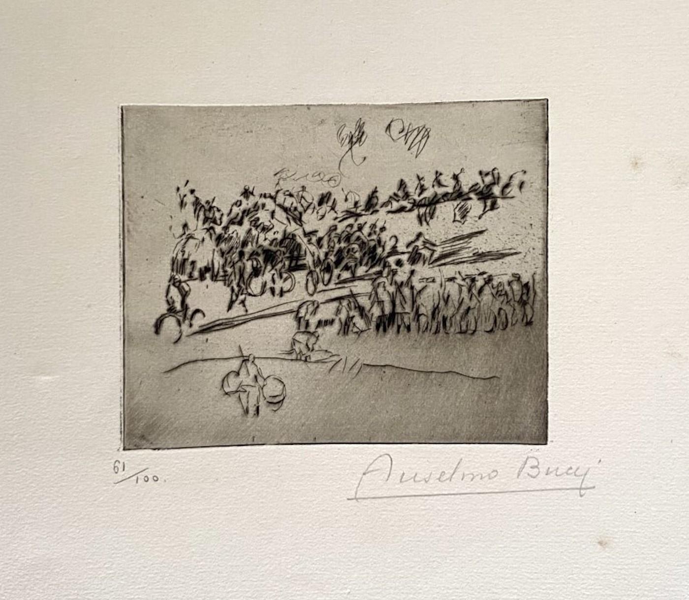 "Military" 1917s is a beautiful print in etching technique, realized by Anselmo Bucci (1887-1955).

Hand signed. Numbered 61/100 of prints on the lower left. On the lower left corner, an illegible iscription written in pencil.

Image Dimensions: