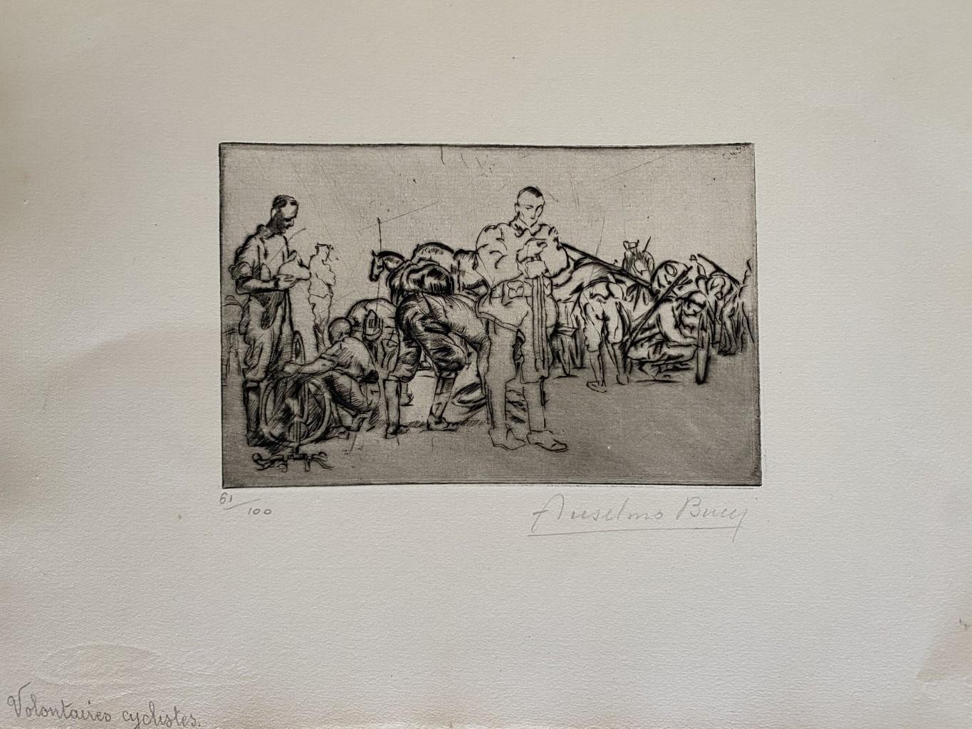 "Militar" 1917s es una bella estampa en técnica de aguafuerte, realizada por Anselmo Bucci (1887-1955).

Firmado a mano. Numerado 61/100 de copias en la parte inferior izquierda. En la esquina inferior izquierda, una iscripción ilegible escrita a