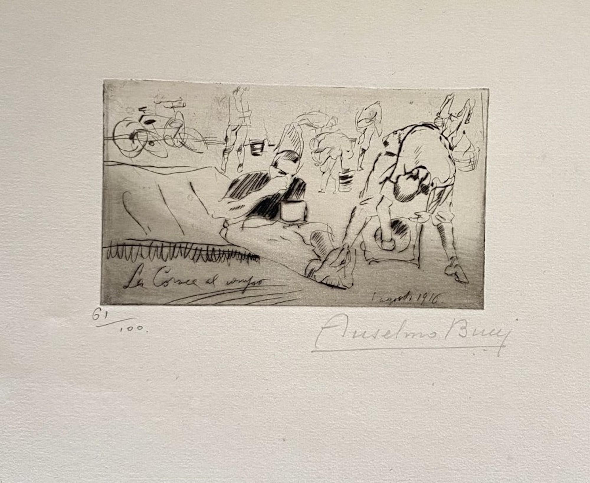 "Military" 1917s is a beautiful print in etching technique, realized by Anselmo Bucci (1887-1955).

Hand signed. Numbered 61/100 of prints on the lower left. On the lower left corner, an illegible iscription written in pencil.

Image Dimensions: 8.5