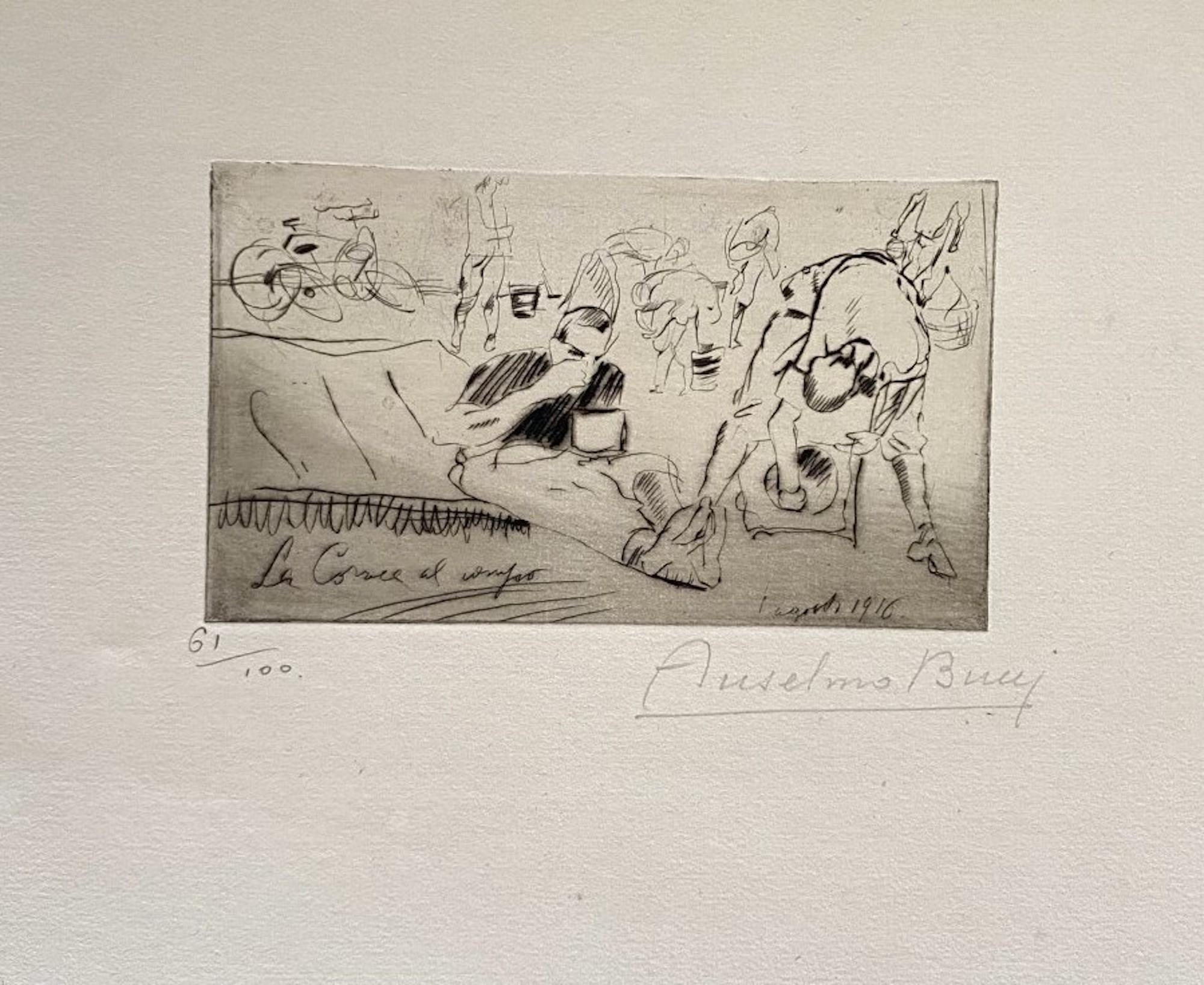 "Militar" 1917s es una bella estampa en técnica de aguafuerte, realizada por Anselmo Bucci (1887-1955).

Firmado a mano. Numerado 61/100 de copias en la parte inferior izquierda. En la esquina inferior izquierda, una iscripción ilegible escrita a