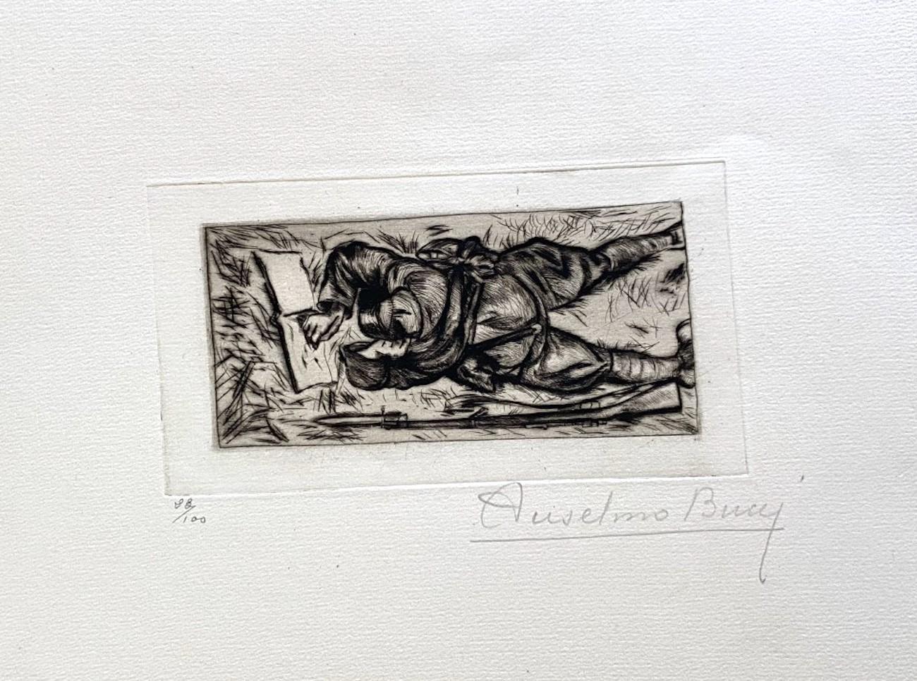 "Military" 1917s is a beautiful print in etching technique, realized by Anselmo Bucci (1887-1955).

Hand signed. Numbered 28/100 of prints on the lower left. On the lower left corner, an illegible iscription written in pencil.

Image Dimensions: 8.5