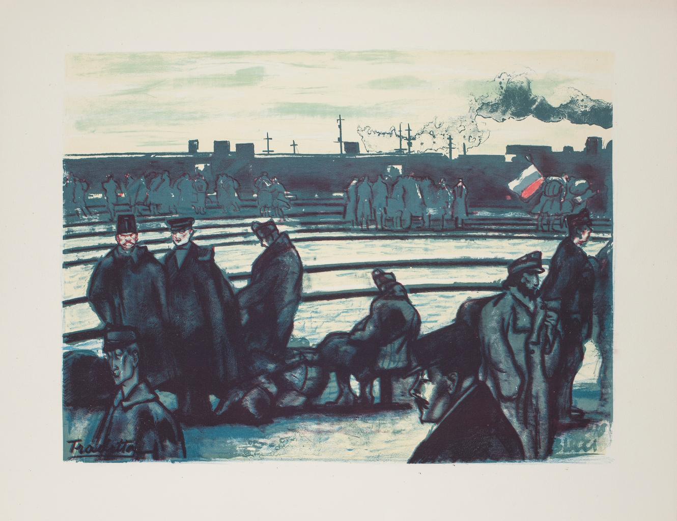 Figurative Print de Anselmo Bucci - Militares en estación - Litografía sobre papel - 1918