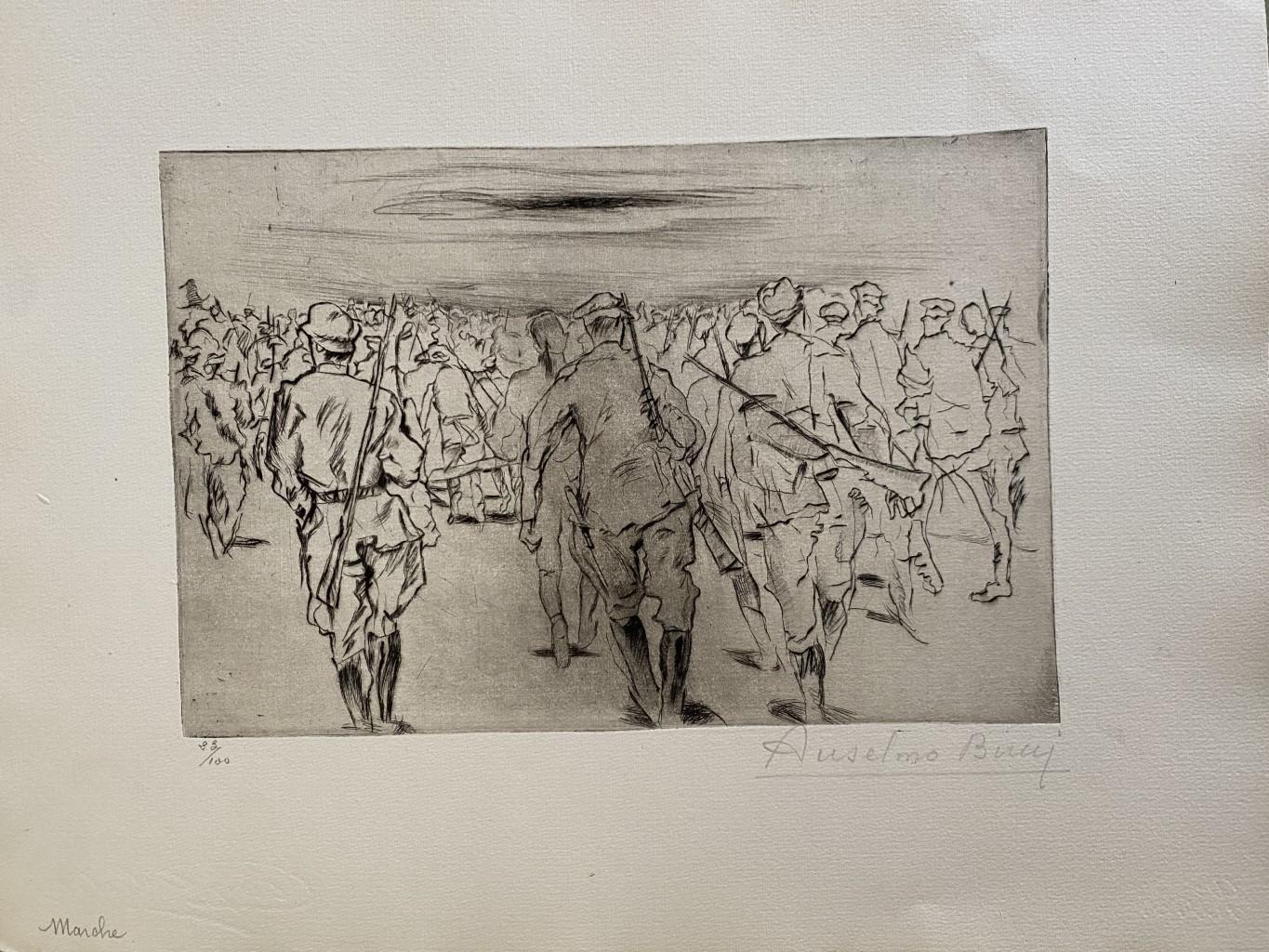"Military" 1917 ist ein wunderschöner Druck in Radiertechnik, der von Anselmo Bucci (1887-1955) geschaffen wurde.

Handsigniert. Nummeriert 28/100 der Abzüge unten links. In der linken unteren Ecke ist mit Bleistift eine unleserliche Inschrift