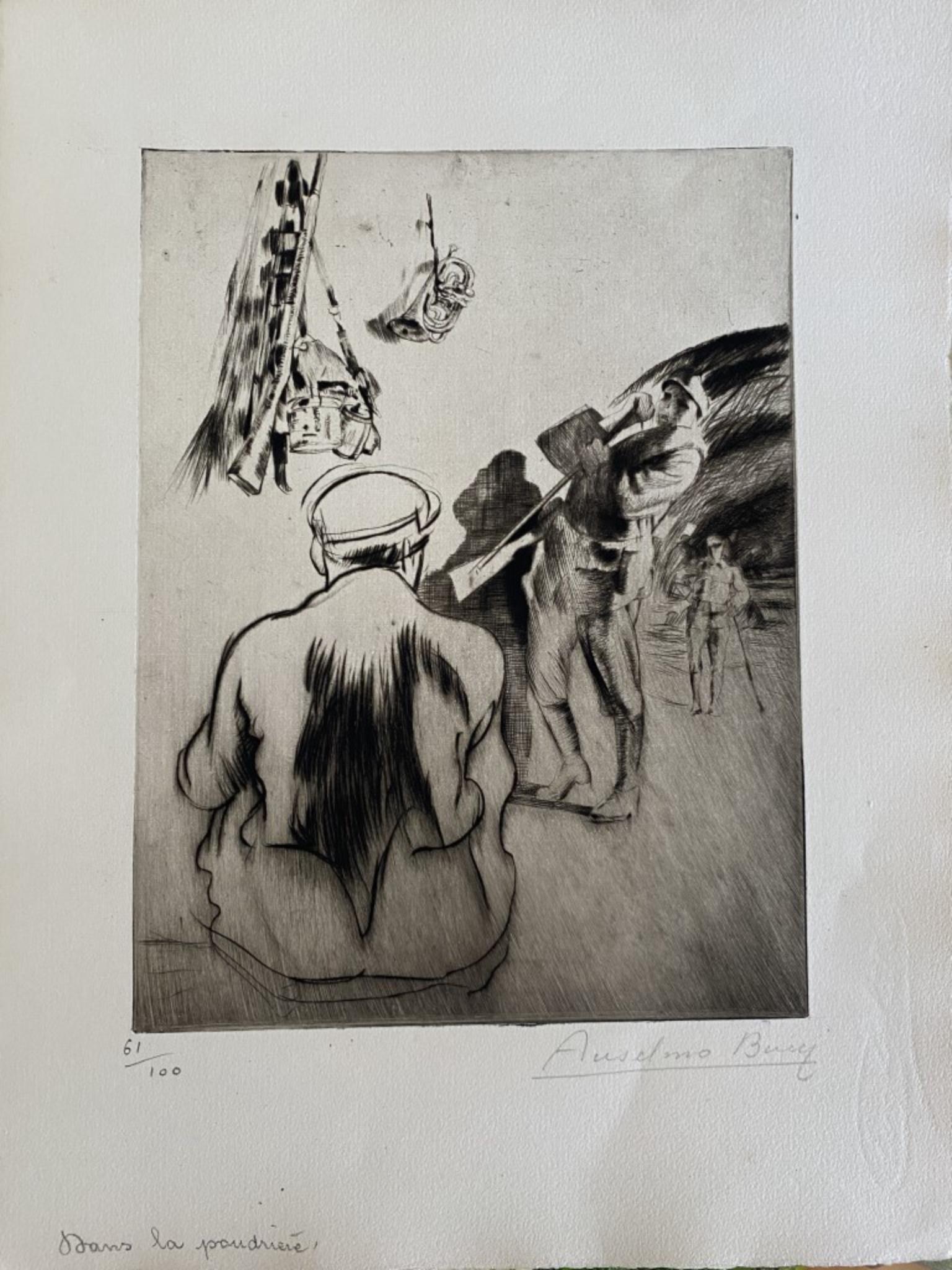 "Military" 1917s is a beautiful print in etching technique, realized by Anselmo Bucci (1887-1955).

Hand signed. Numbered 61/100 of prints on the lower left. On the lower left corner, an illegible iscription written in pencil.

Image Dimensions: 25