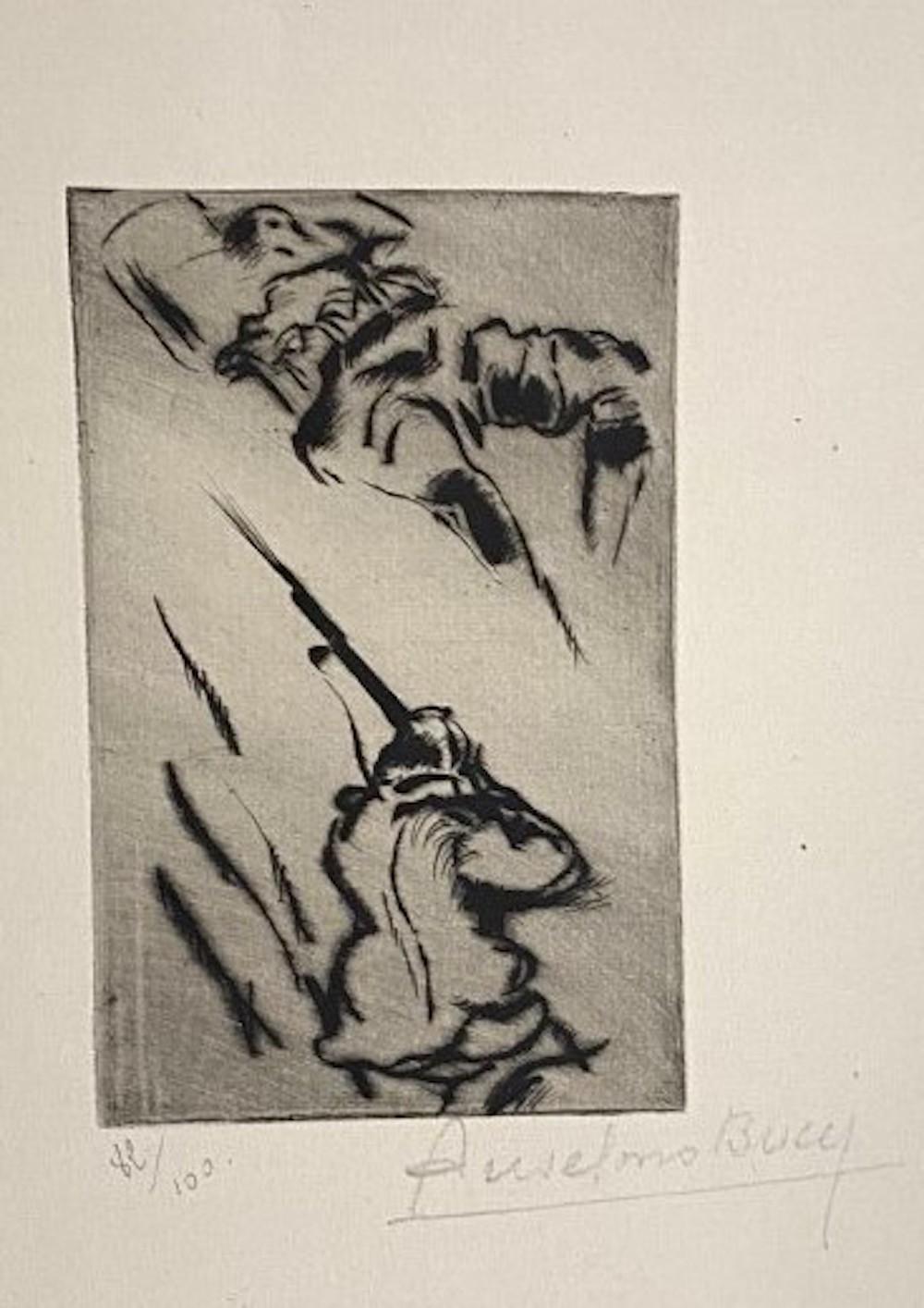 "Military" 1917 is a beautiful print in etching technique, realized by Anselmo Bucci (1887-1955).

Hand signed. Numbered 82/100 of prints on the lower left. On the lower left corner, an illegible iscription written in pencil.

Anselmo Bucci