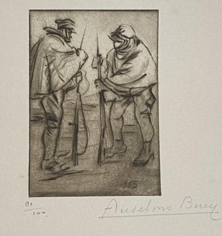 "Military" 1917s is a beautiful print in etching technique, realized by Anselmo Bucci (1887-1955).

Hand signed. Numbered 81/100 of prints on the lower left. On the lower left corner, an illegible iscription written in pencil.

Anselmo Bucci