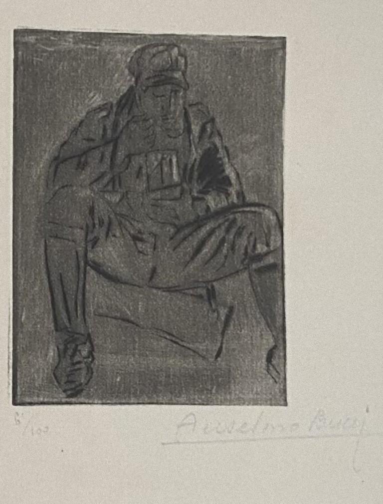 "Military" 1917s is a beautiful print in etching technique, realized by Anselmo Bucci (1887-1955).

Hand signed. Numbered 61/100 of prints on the lower left. On the lower left corner, an illegible iscription written in pencil.

Anselmo Bucci