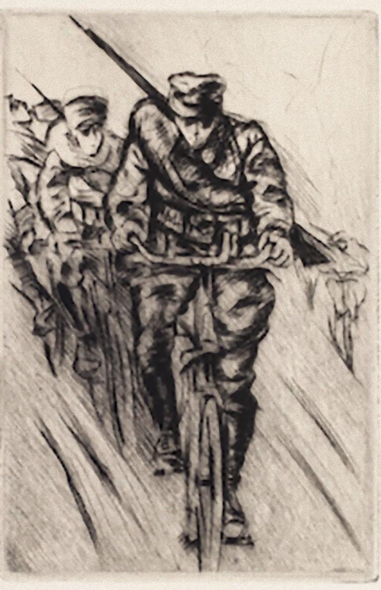 "Military" is a beautiful print in the etching technique, realized by Anselmo Bucci (1887-1955).

Anselmo Bucci (1887-1955): Italian painter, engraver, and writer, one of the initiators of the artistic movement of the twentieth century in Milan in